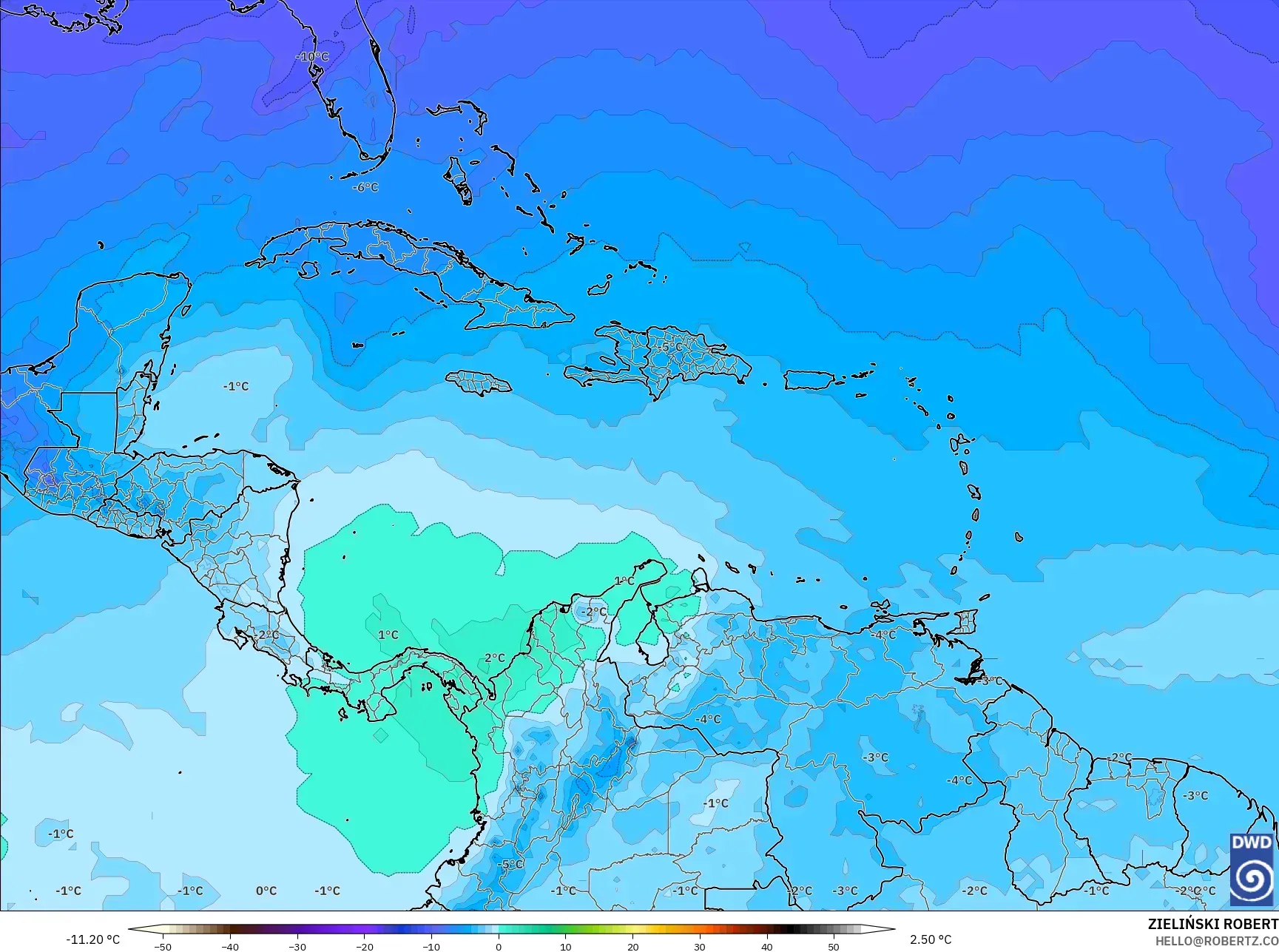 ICON モデル - カリブ海, 気温（500hPa）
