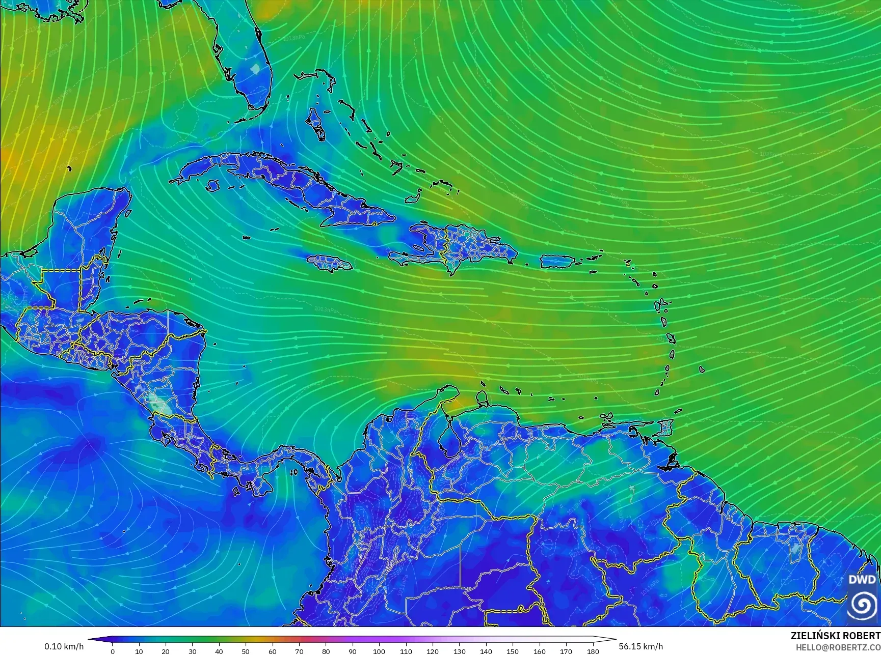 ICON モデル - カリブ海, 風速（10m）