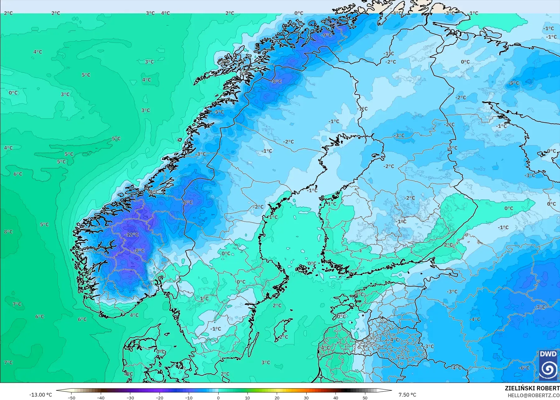 ICON モデル - スカンジナビア, 露点温度（2m）