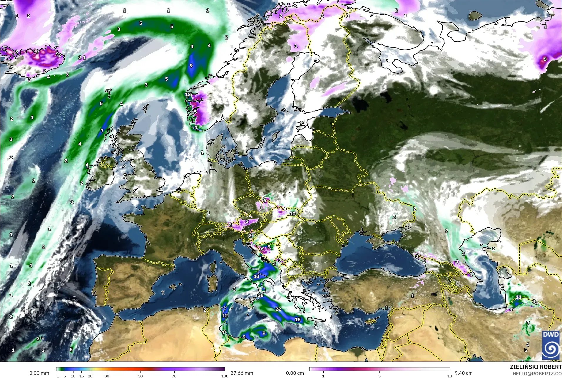 ICON モデル - ヨーロッパ, 降水量、雲、気圧