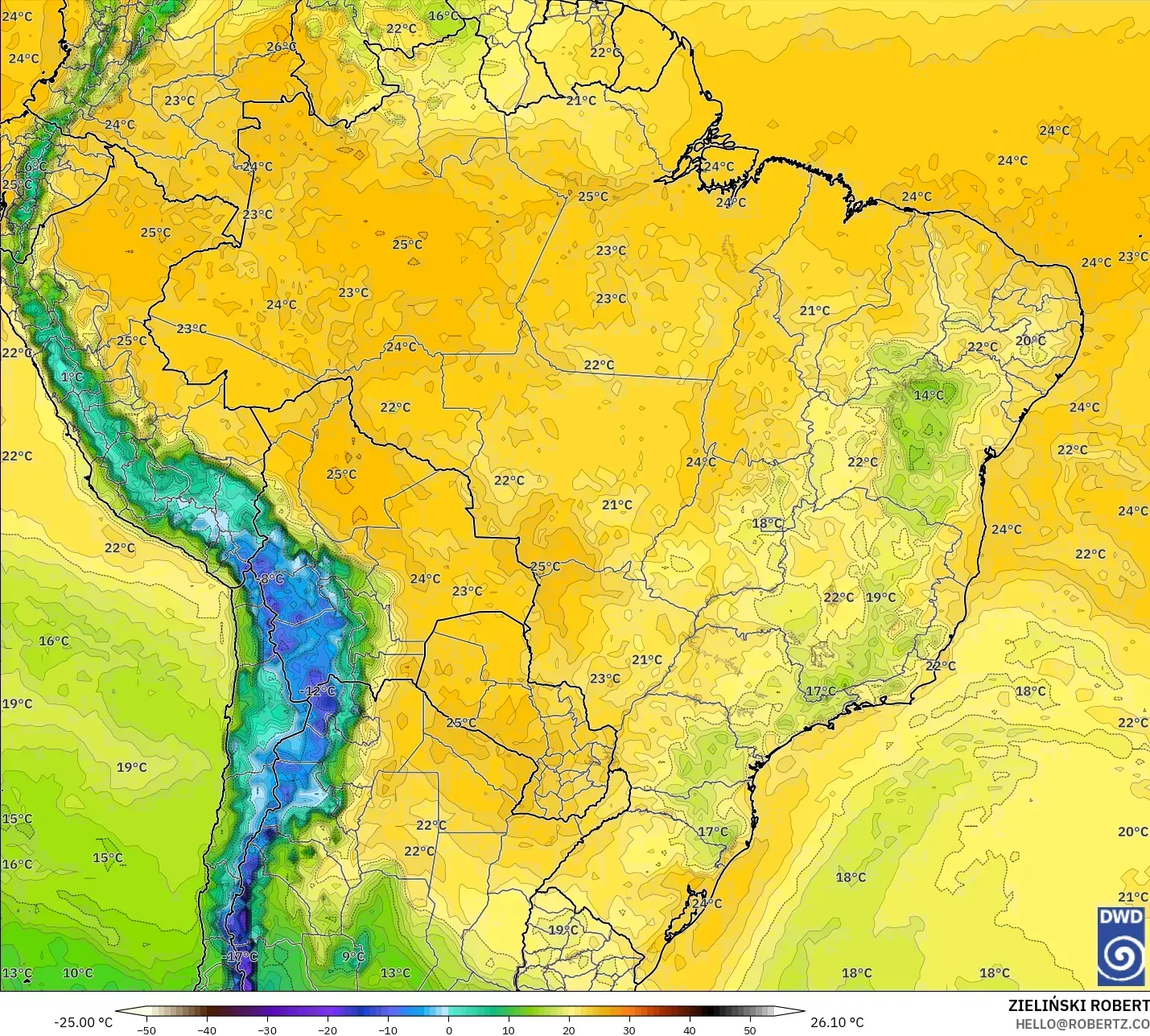 ICON モデル - ブラジル, 露点温度（2m）