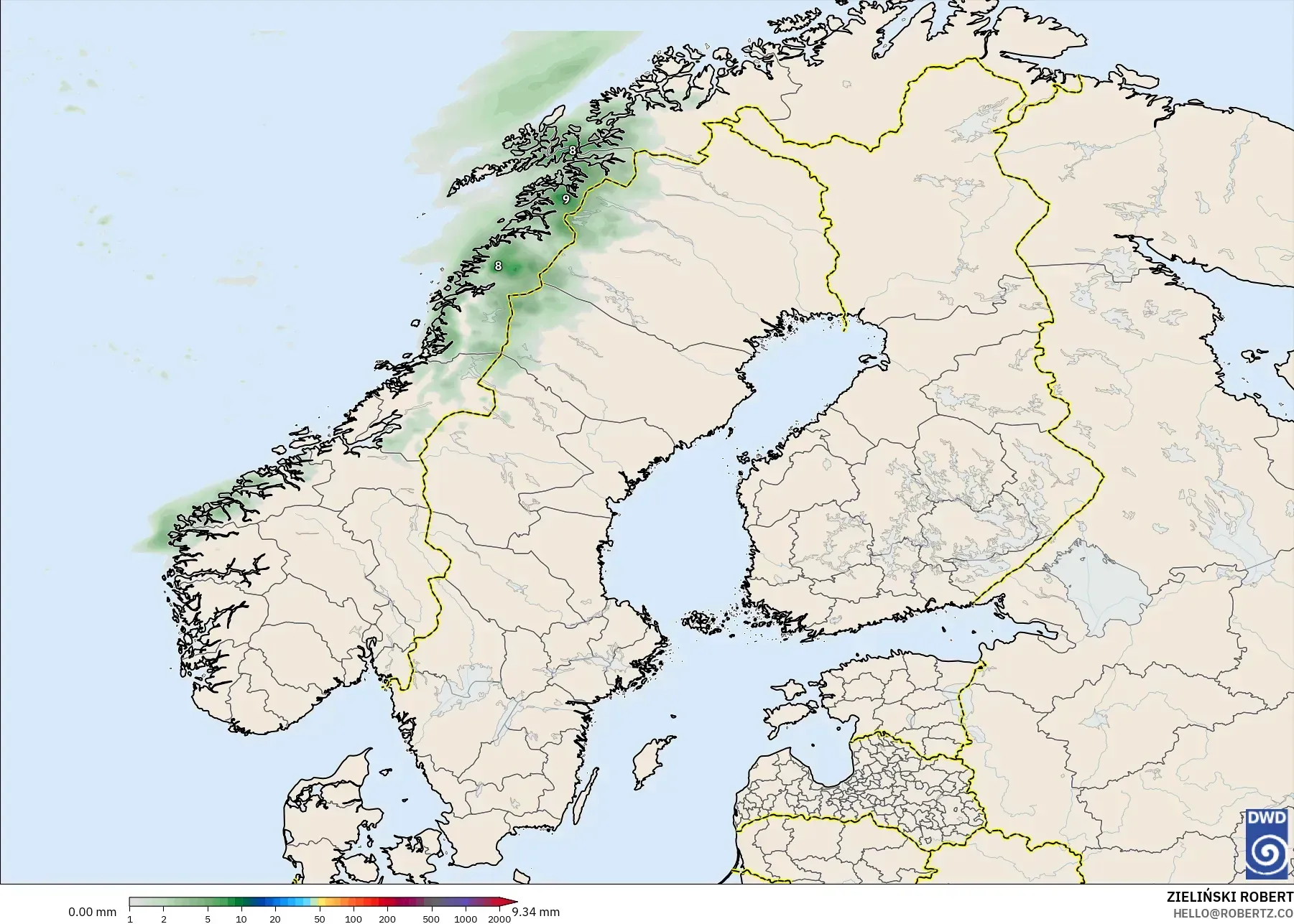 ICON モデル - スカンジナビア, 降水量の合計