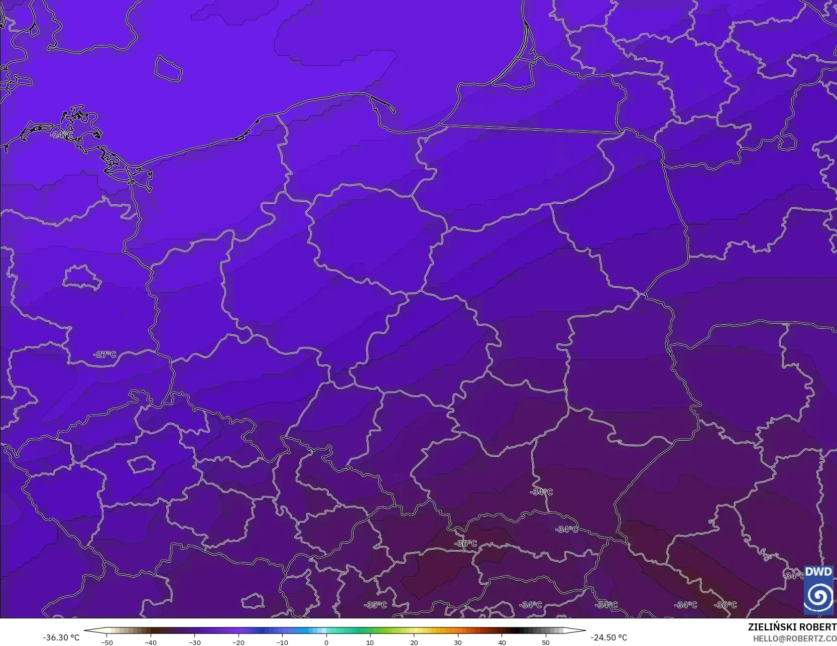 ICON モデル - ポーランド, 気温（500hPa）