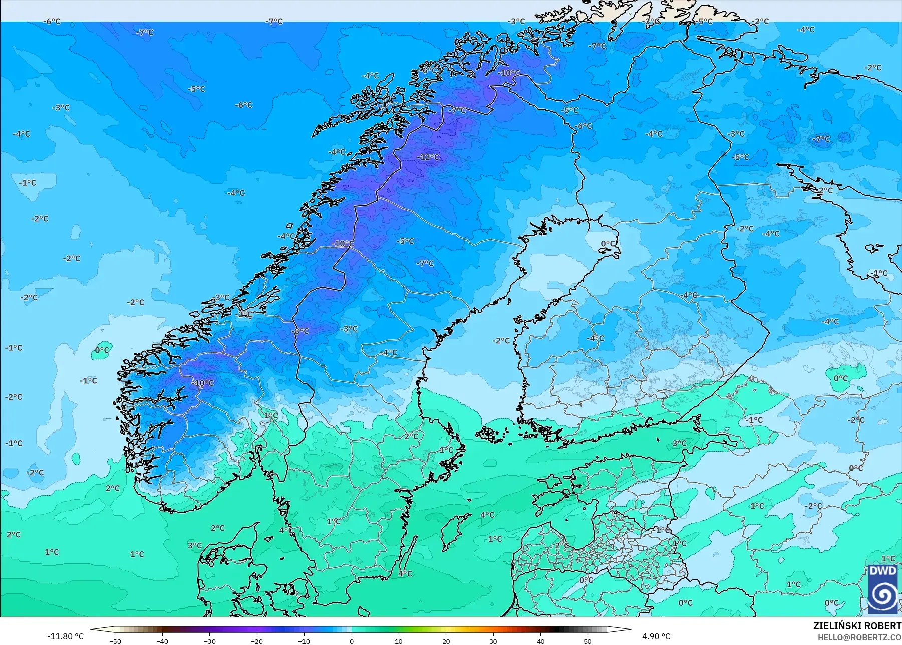 ICON モデル - スカンジナビア, 気温（850hPa）