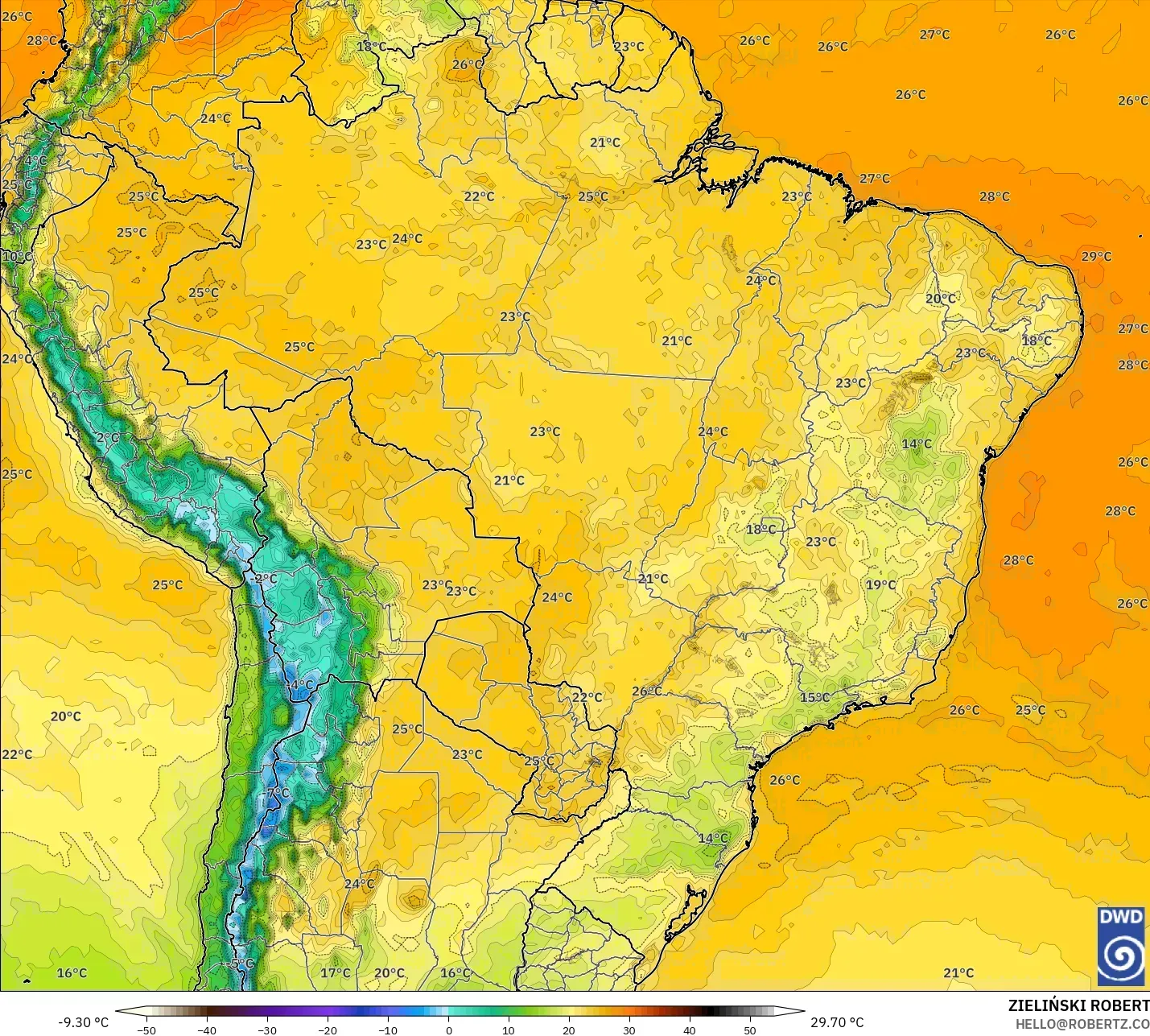 ICON モデル - ブラジル, 気温（2m）