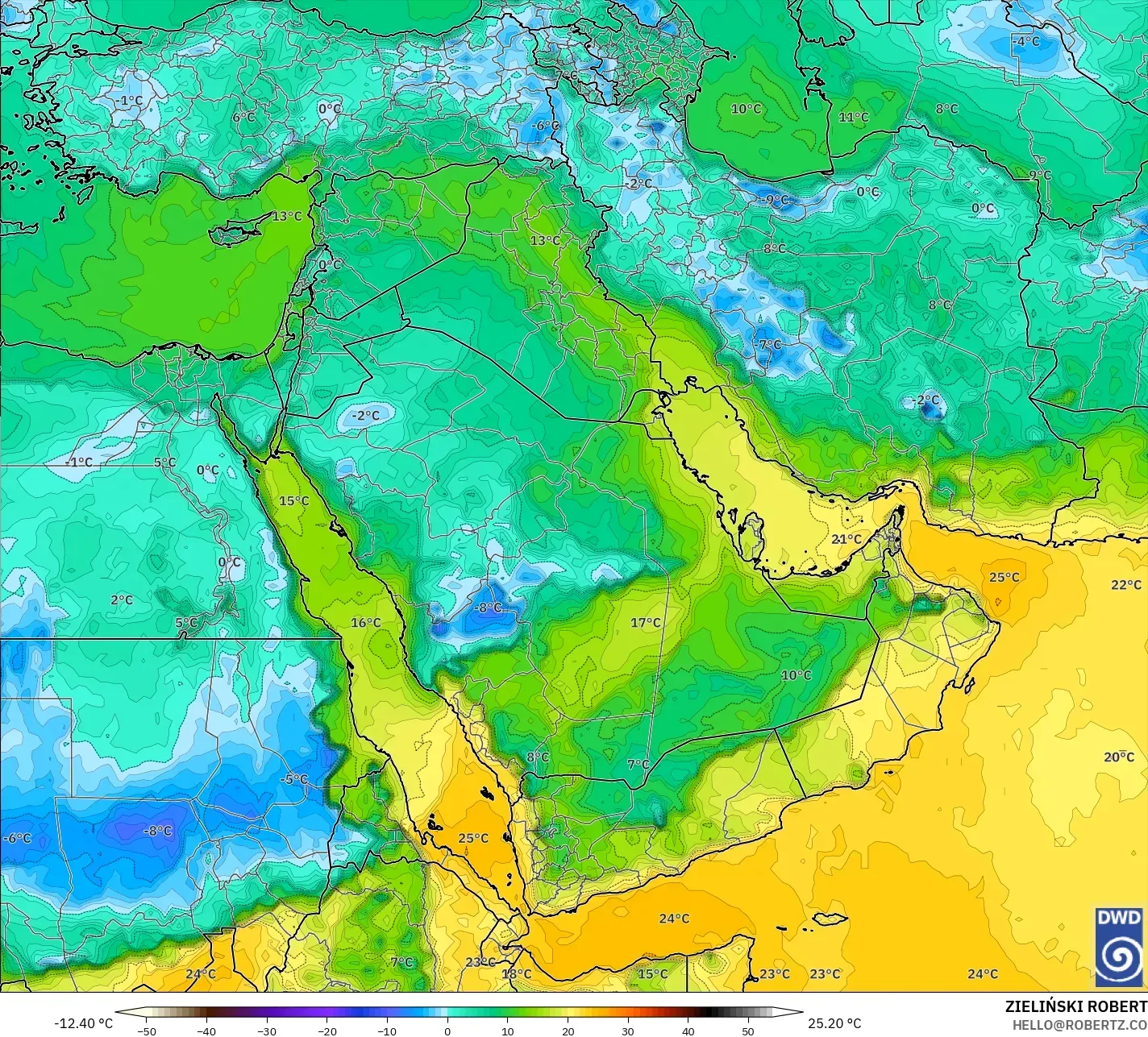 ICON モデル - 中東, 露点温度（2m）