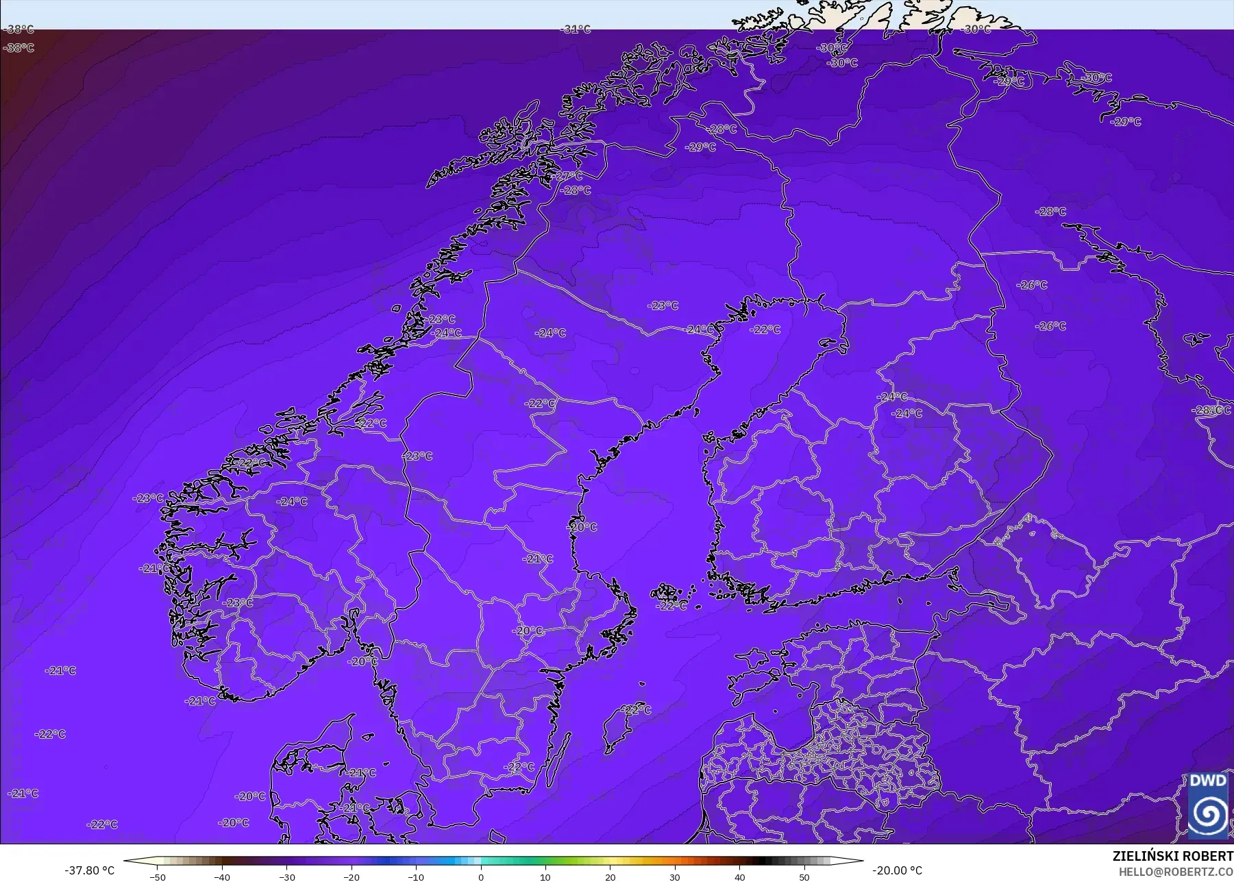 ICON モデル - スカンジナビア, 気温（500hPa）