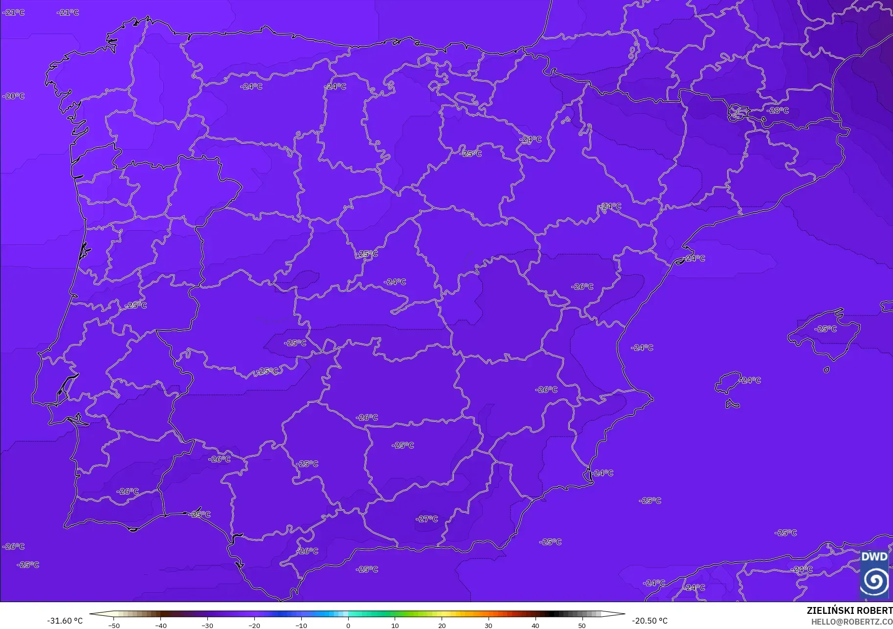 ICON モデル - スペイン, 気温（500hPa）