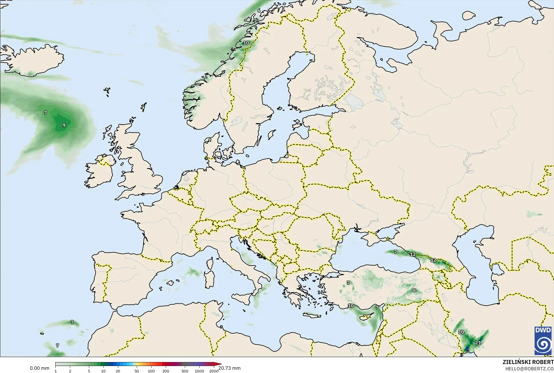 ICON モデル - ヨーロッパ, 降水量の合計