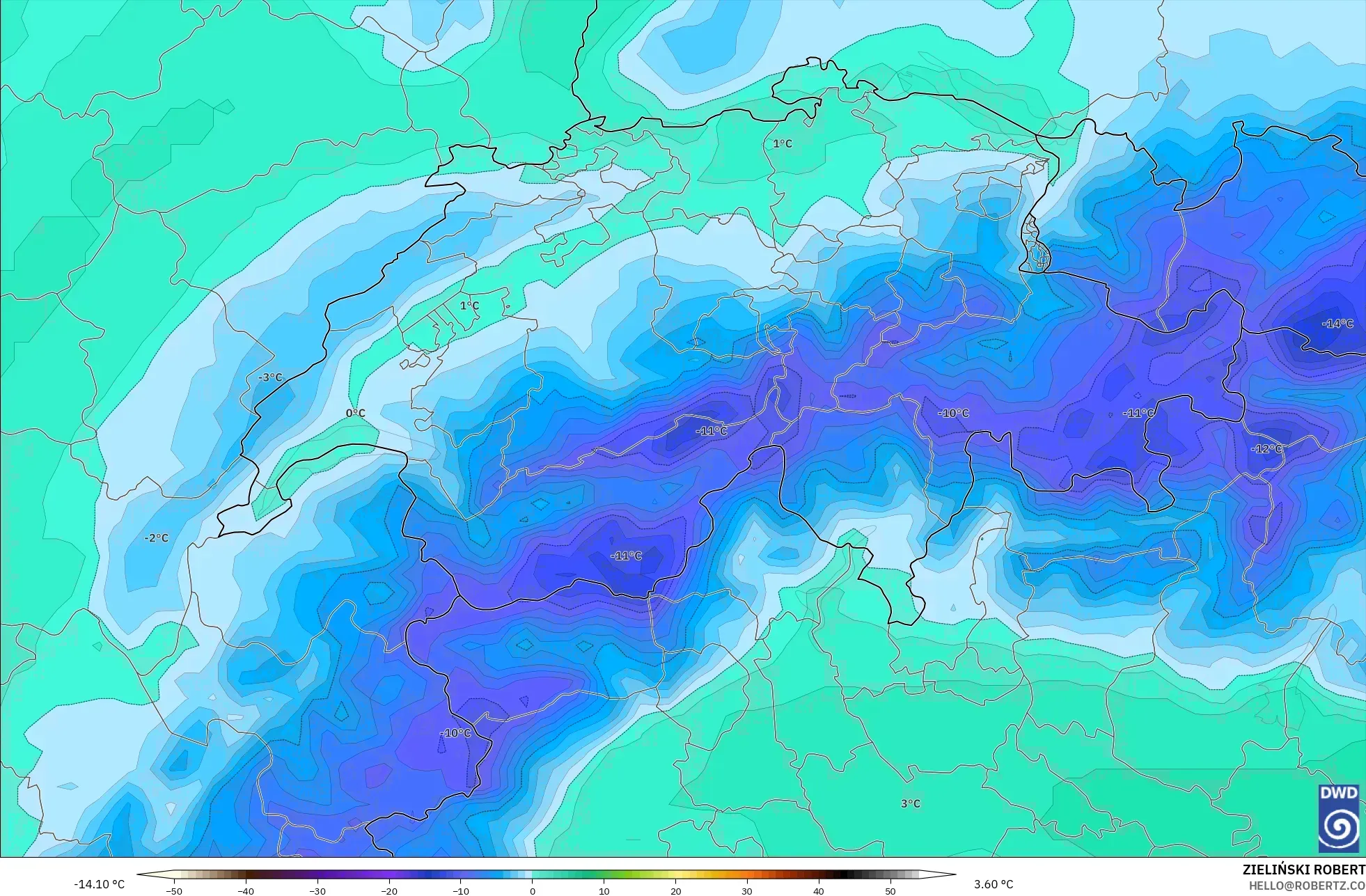 ICON モデル - スイス, 気温（850hPa）