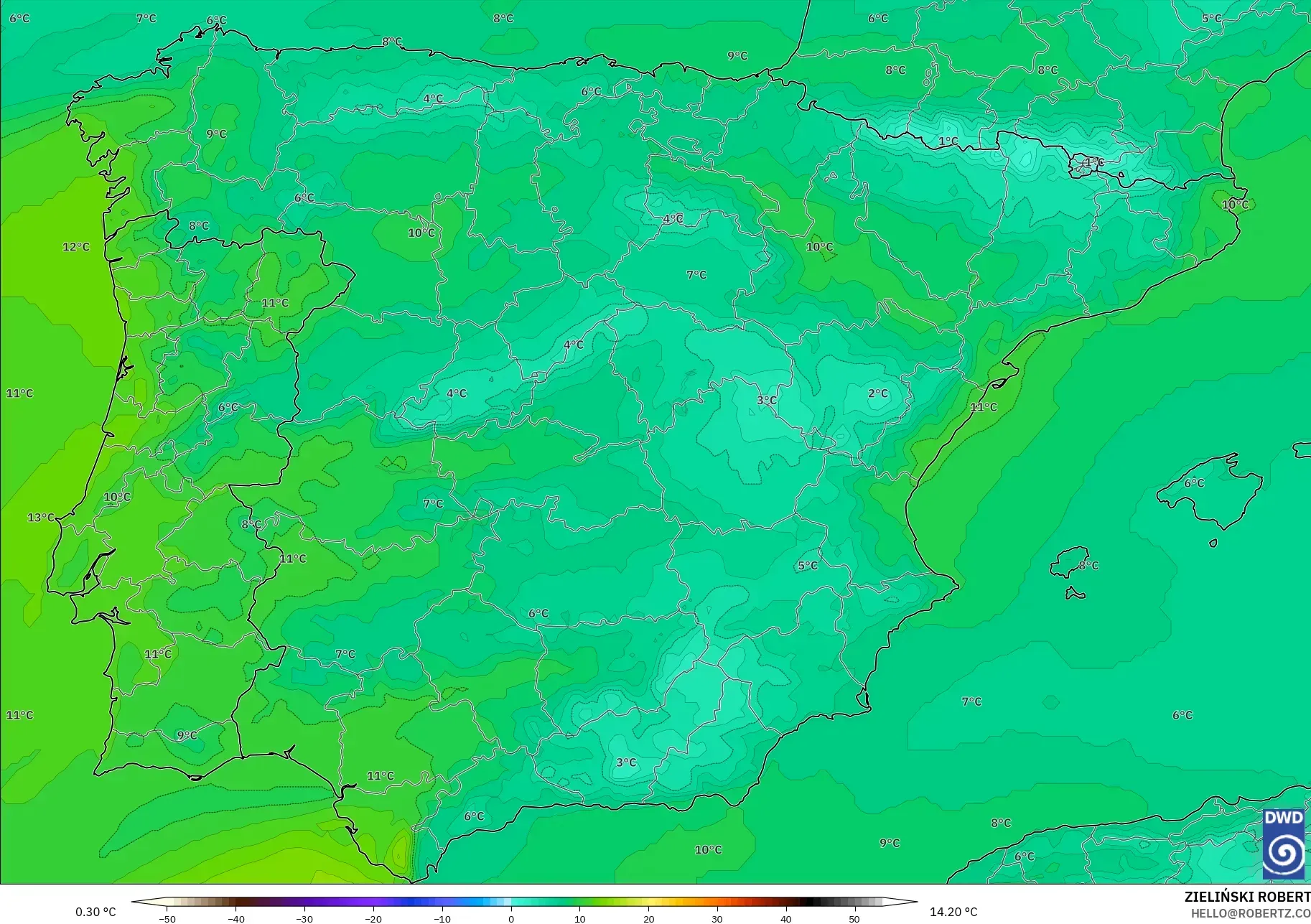ICON モデル - スペイン, 気温（850hPa）