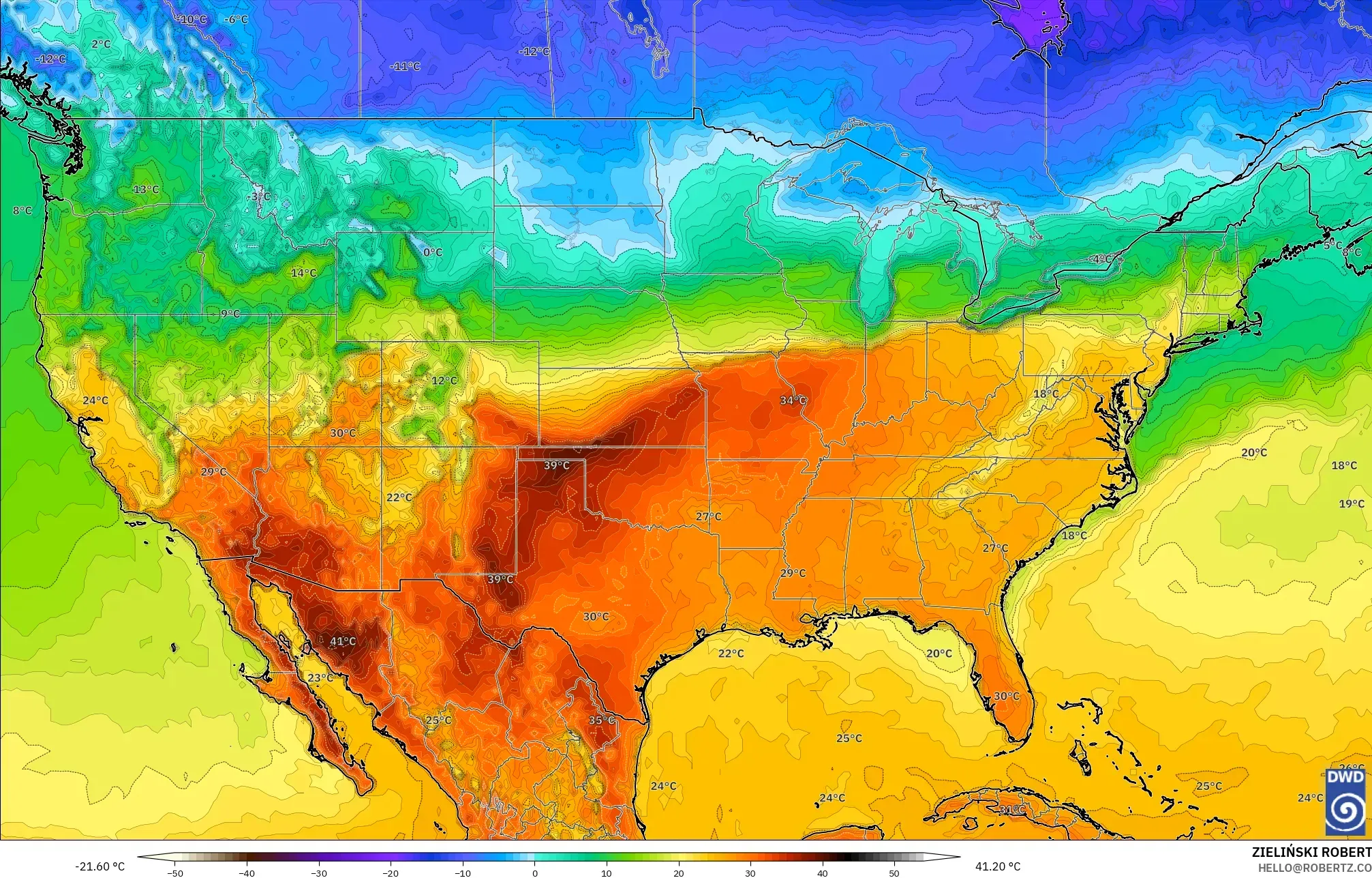 ICON モデル - アメリカ合衆国, 気温（2m）