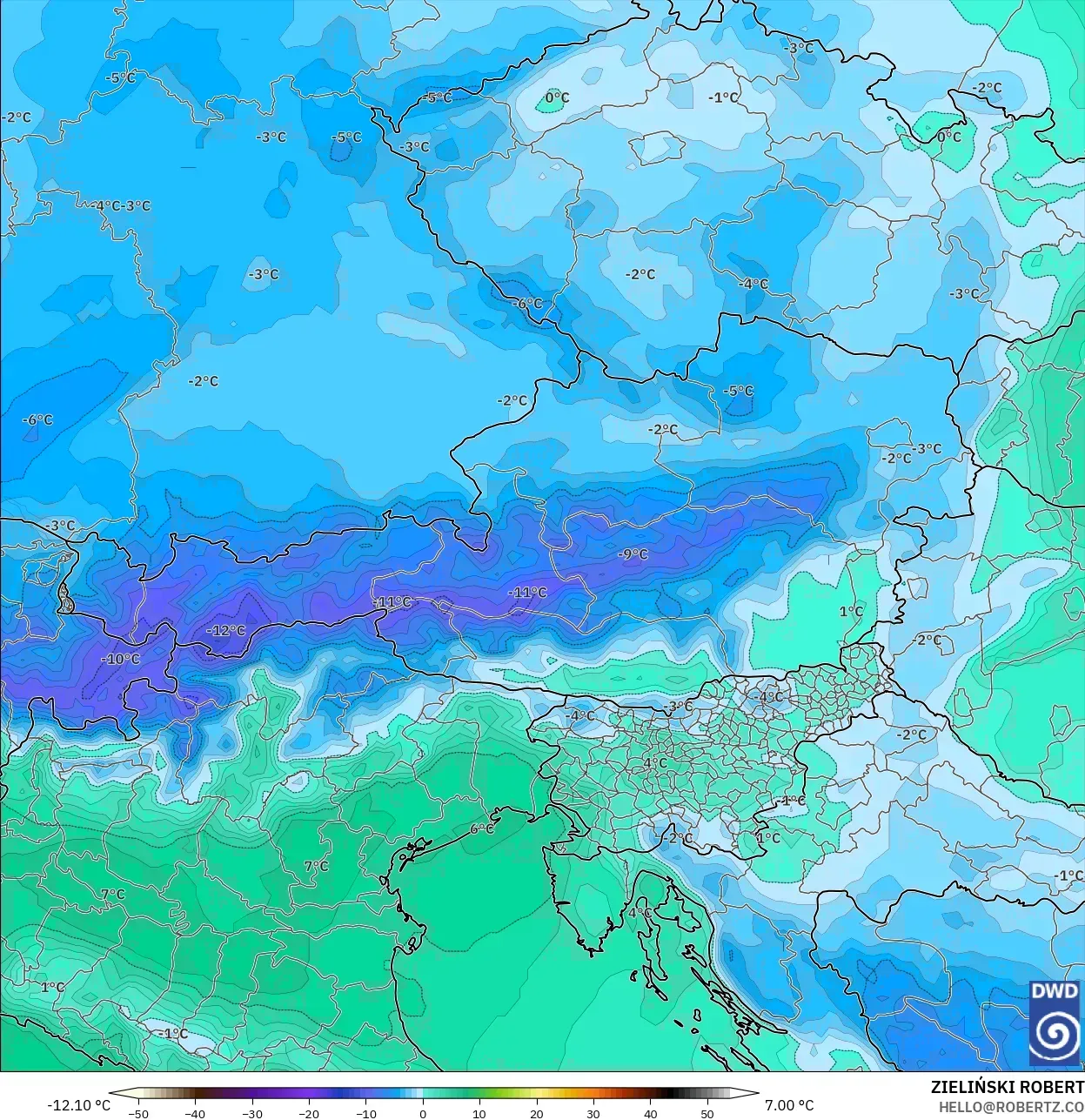 ICON モデル - オーストリア, 気温（850hPa）