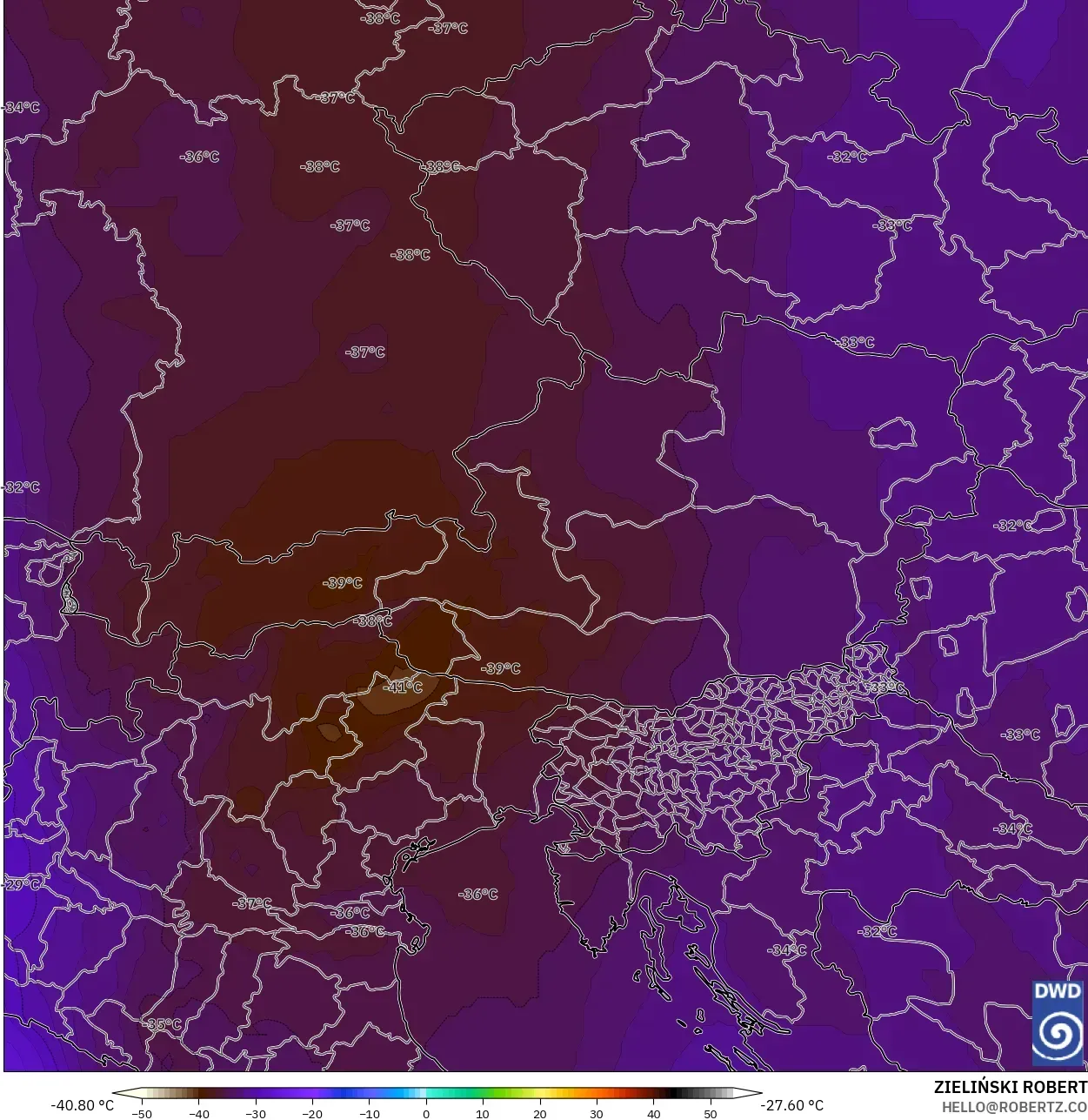 ICON モデル - オーストリア, 気温（500hPa）