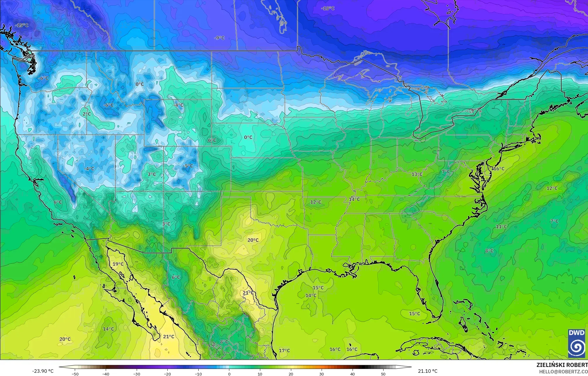 ICON モデル - アメリカ合衆国, 気温（850hPa）