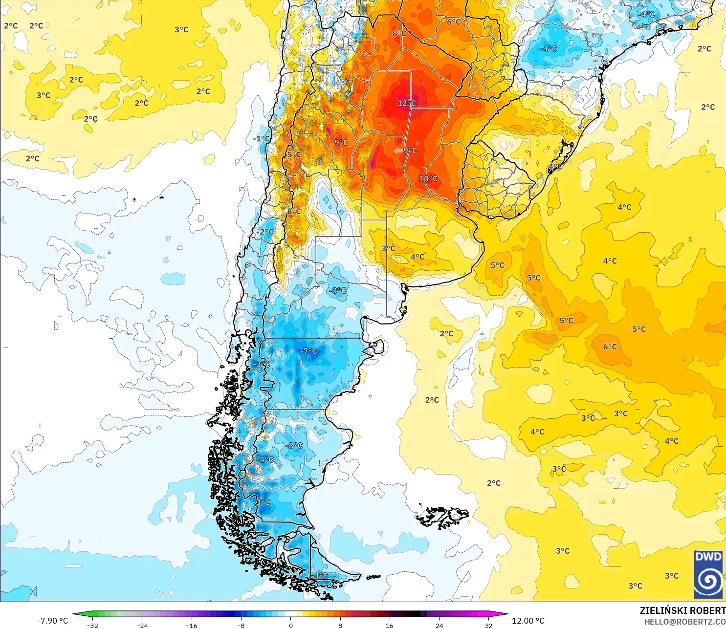 ICON モデル - アルゼンチン, 気温異常（2m）
