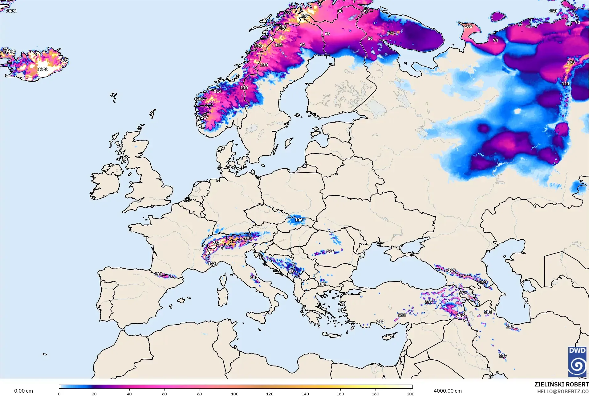 ICON モデル - ヨーロッパ, 積雪深