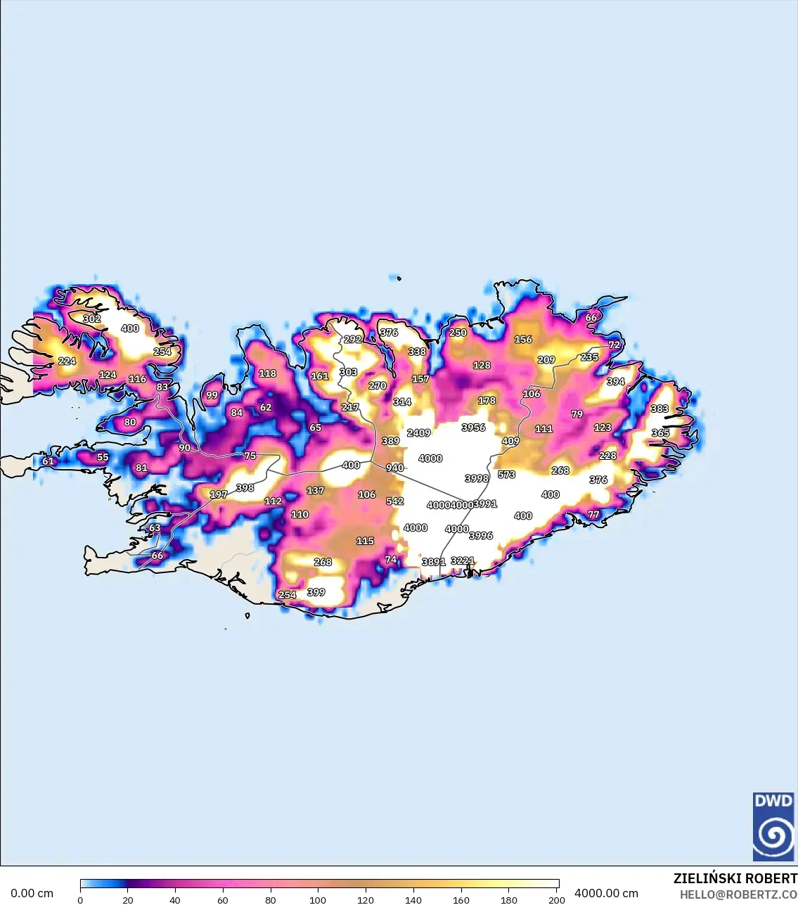 ICON モデル - アイスランド, 積雪深