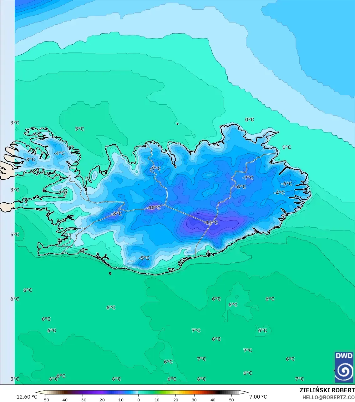 ICON モデル - アイスランド, 気温（2m）