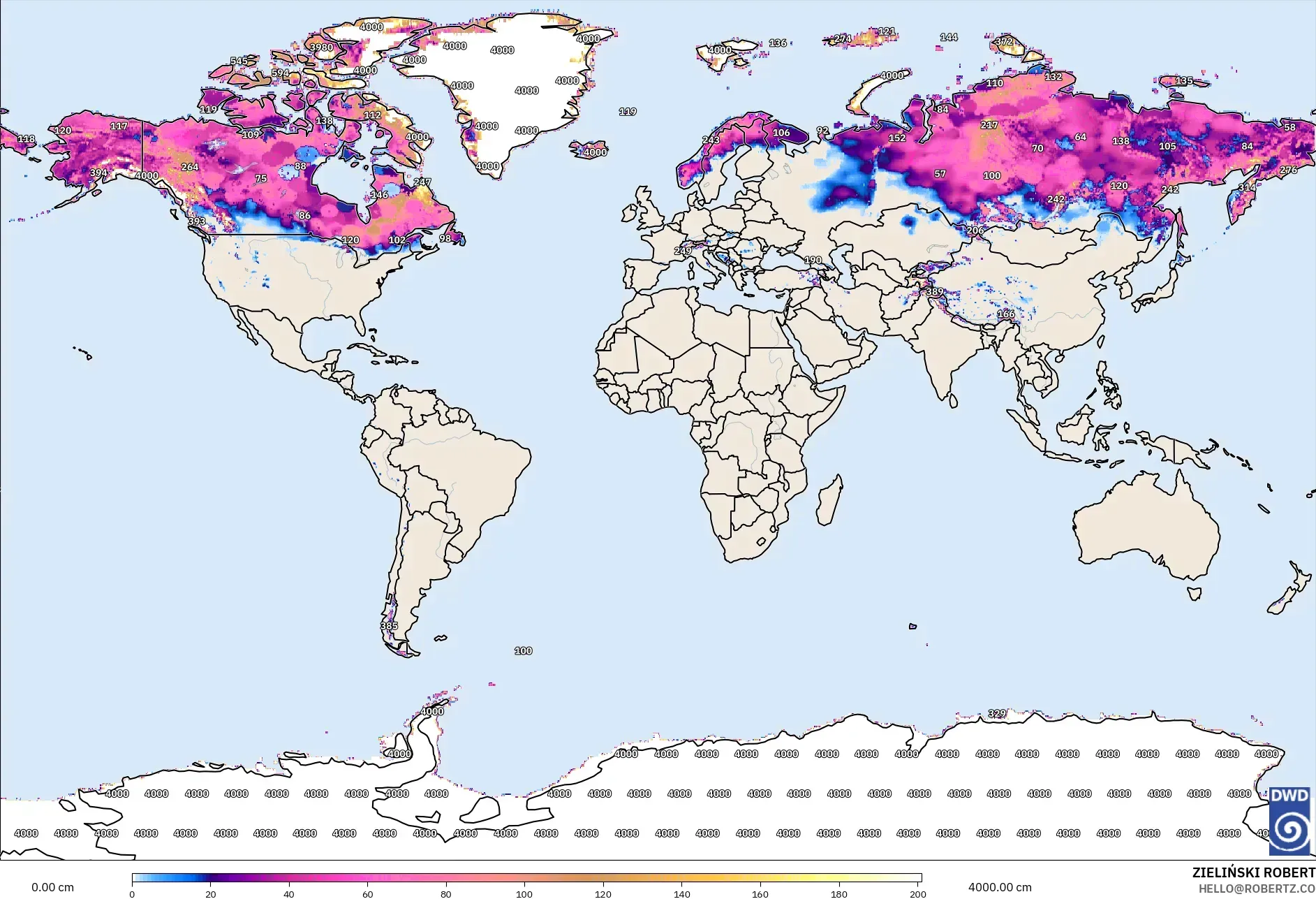 ICON モデル - 世界, 積雪深
