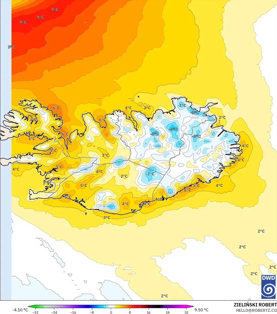 ICON モデル - アイスランド, 気温異常（2m）