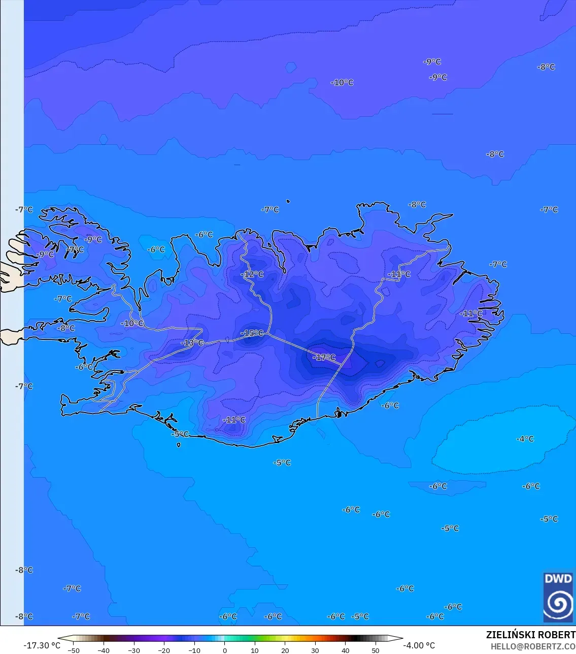 ICON モデル - アイスランド, 気温（850hPa）