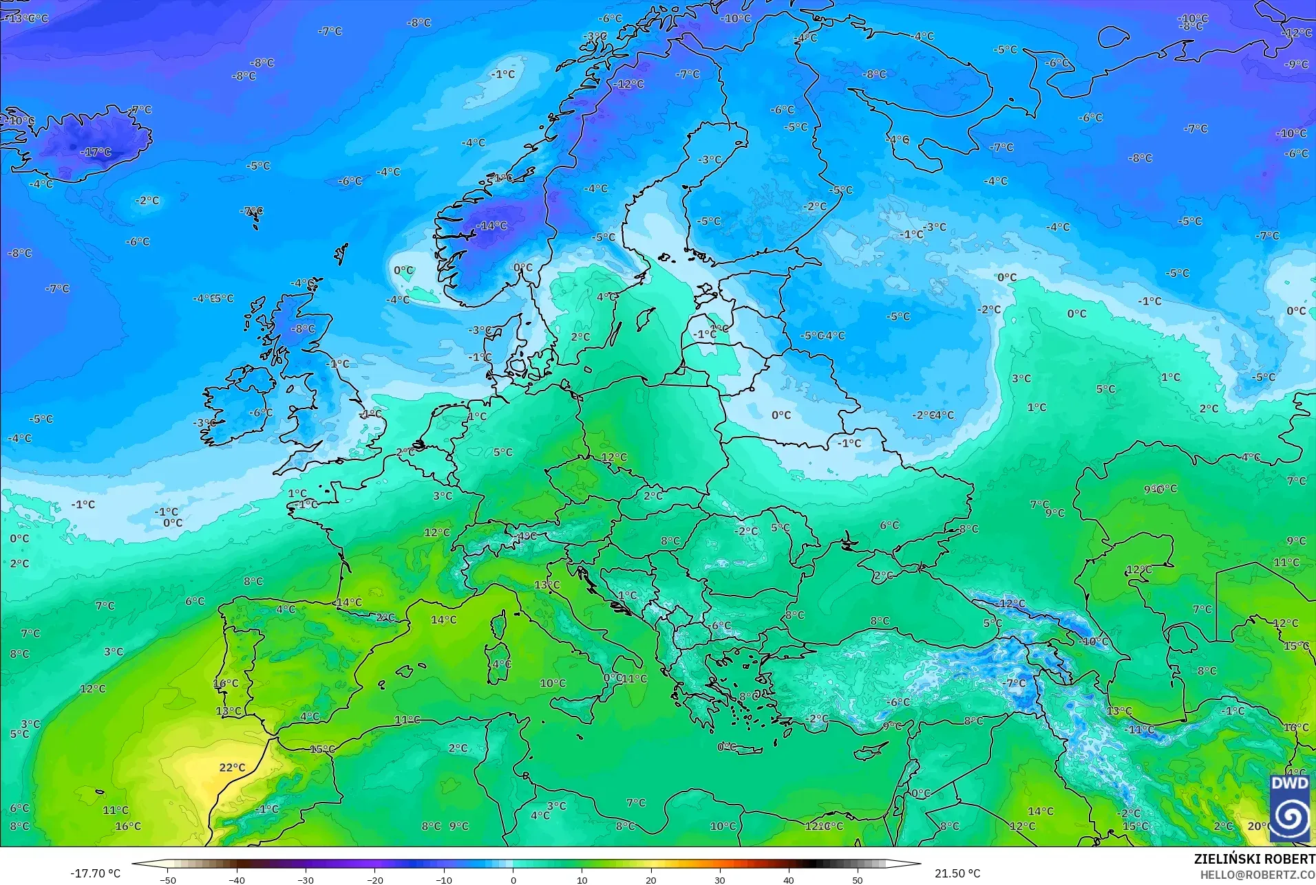 ICON モデル - ヨーロッパ, 気温（850hPa）