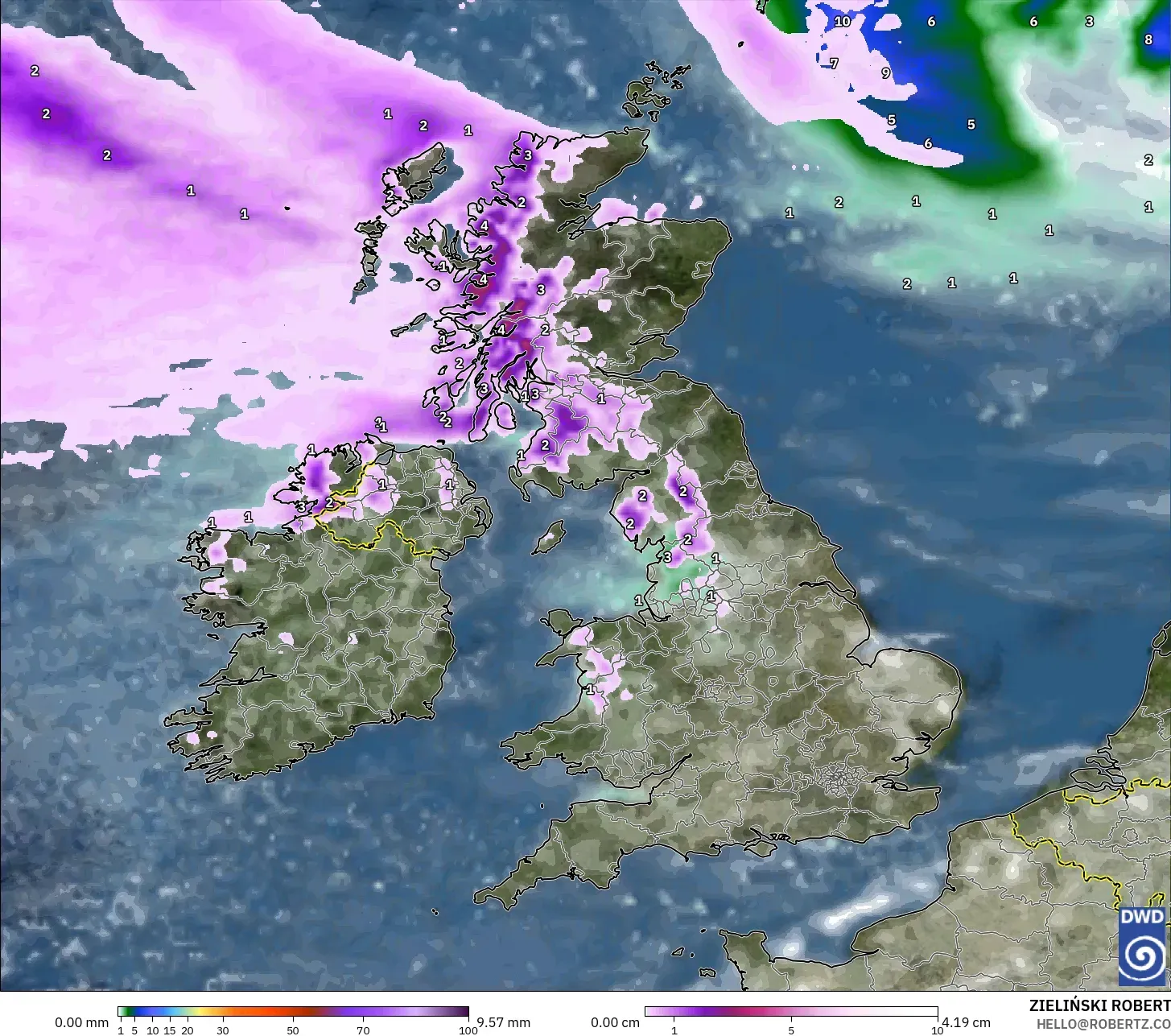 ICON モデル - イギリス, 降水量、雲、気圧