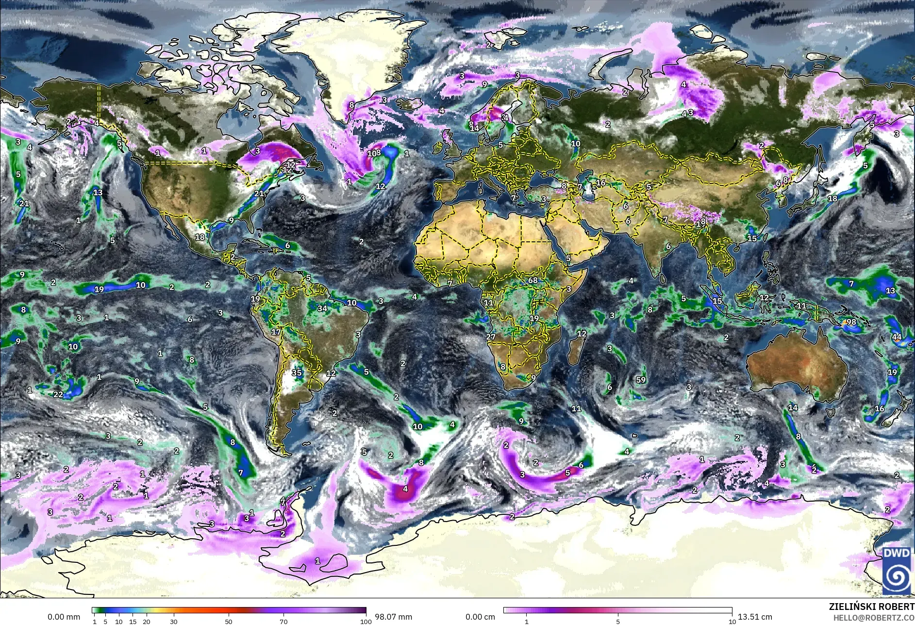 ICON モデル - 世界, 降水量、雲、気圧