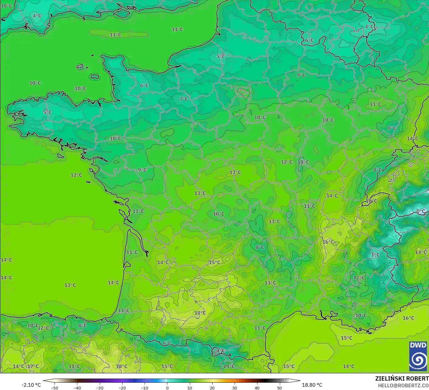 ICON モデル - フランス, 気温（2m）