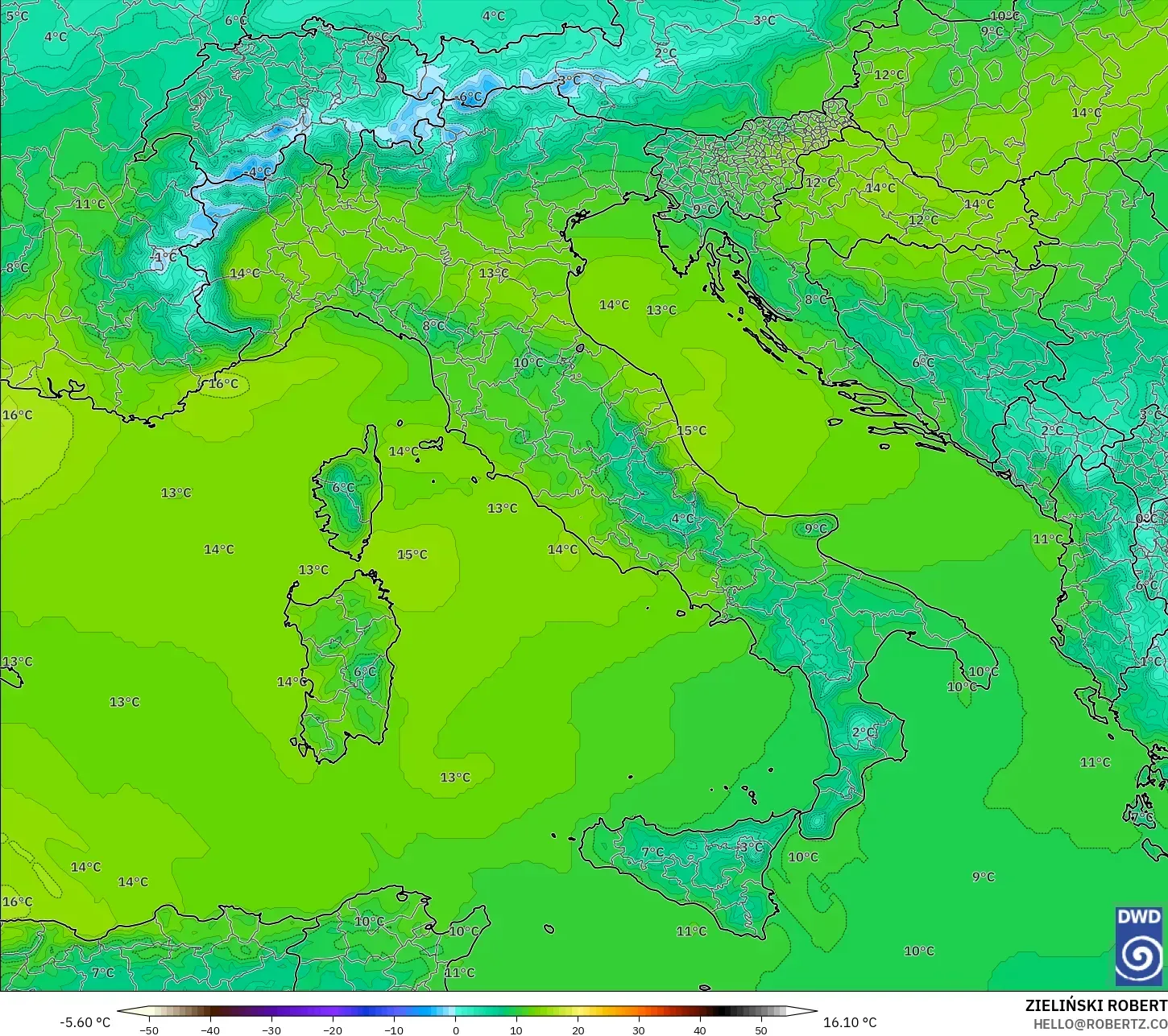 ICON モデル - イタリア, 気温（850hPa）