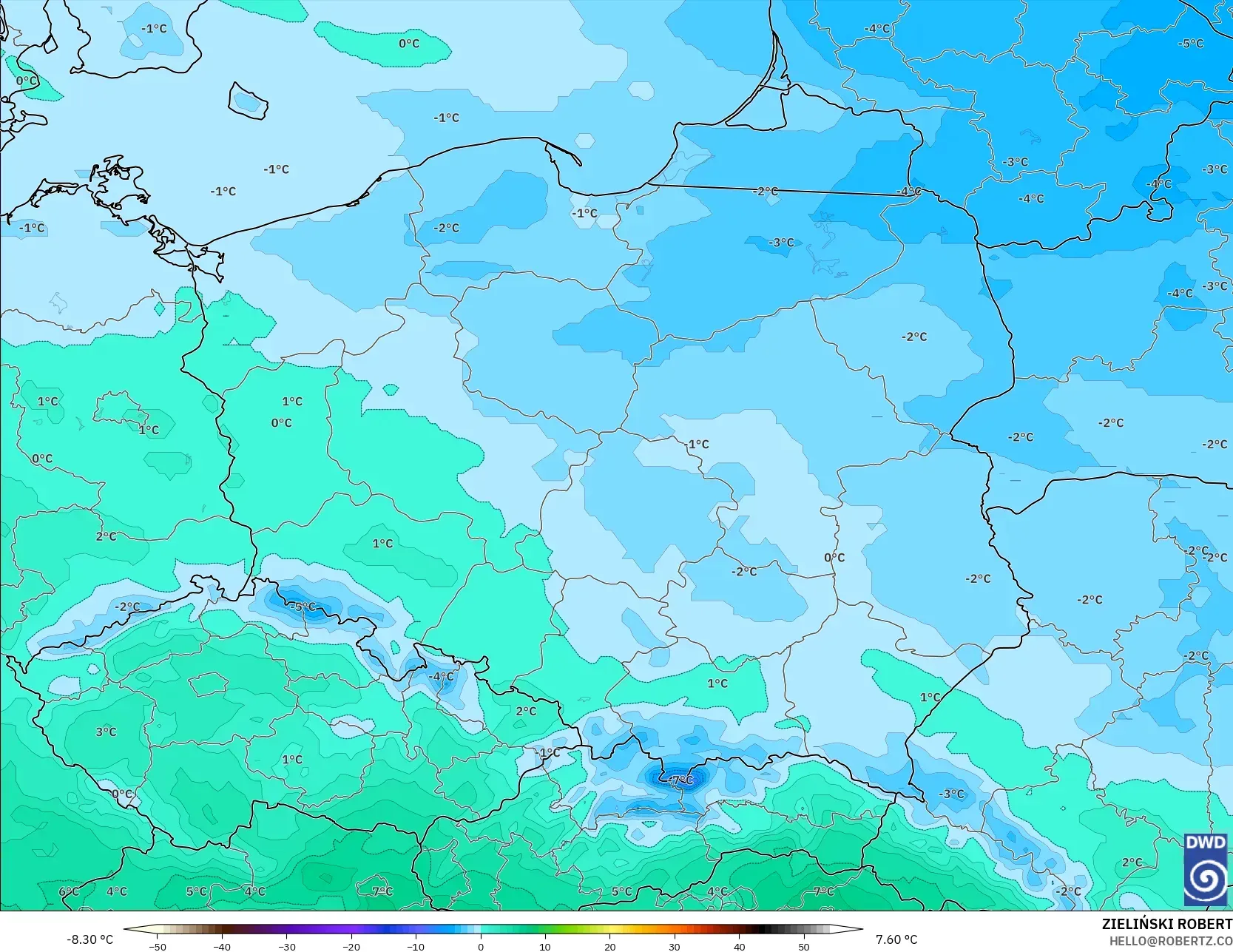 ICON モデル - ポーランド, 気温（850hPa）