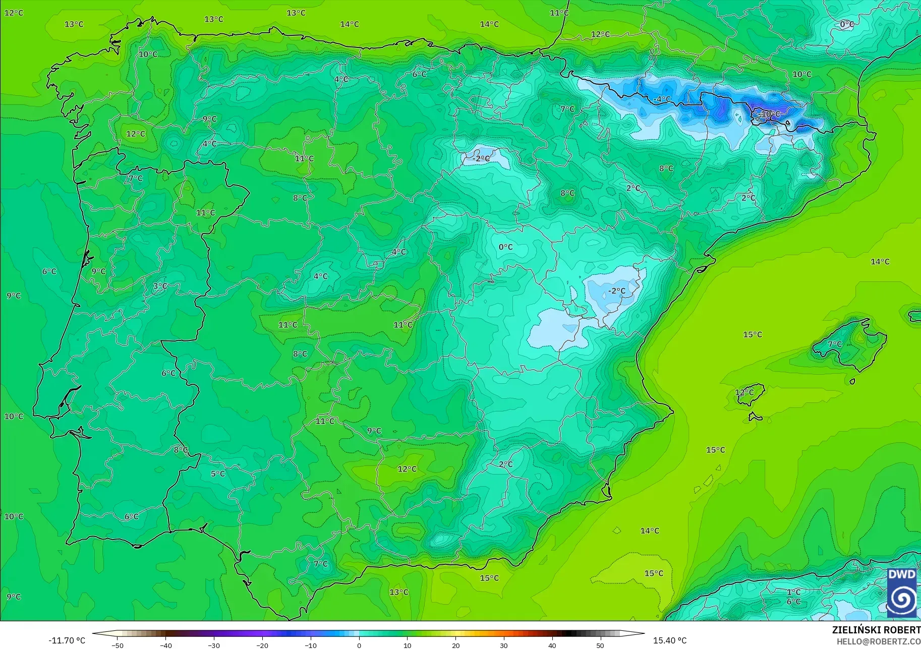 ICON モデル - スペイン, 露点温度（2m）