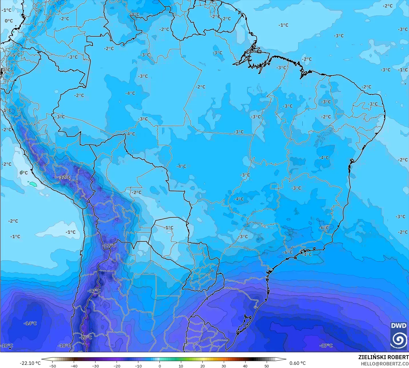 ICON モデル - ブラジル, 気温（500hPa）