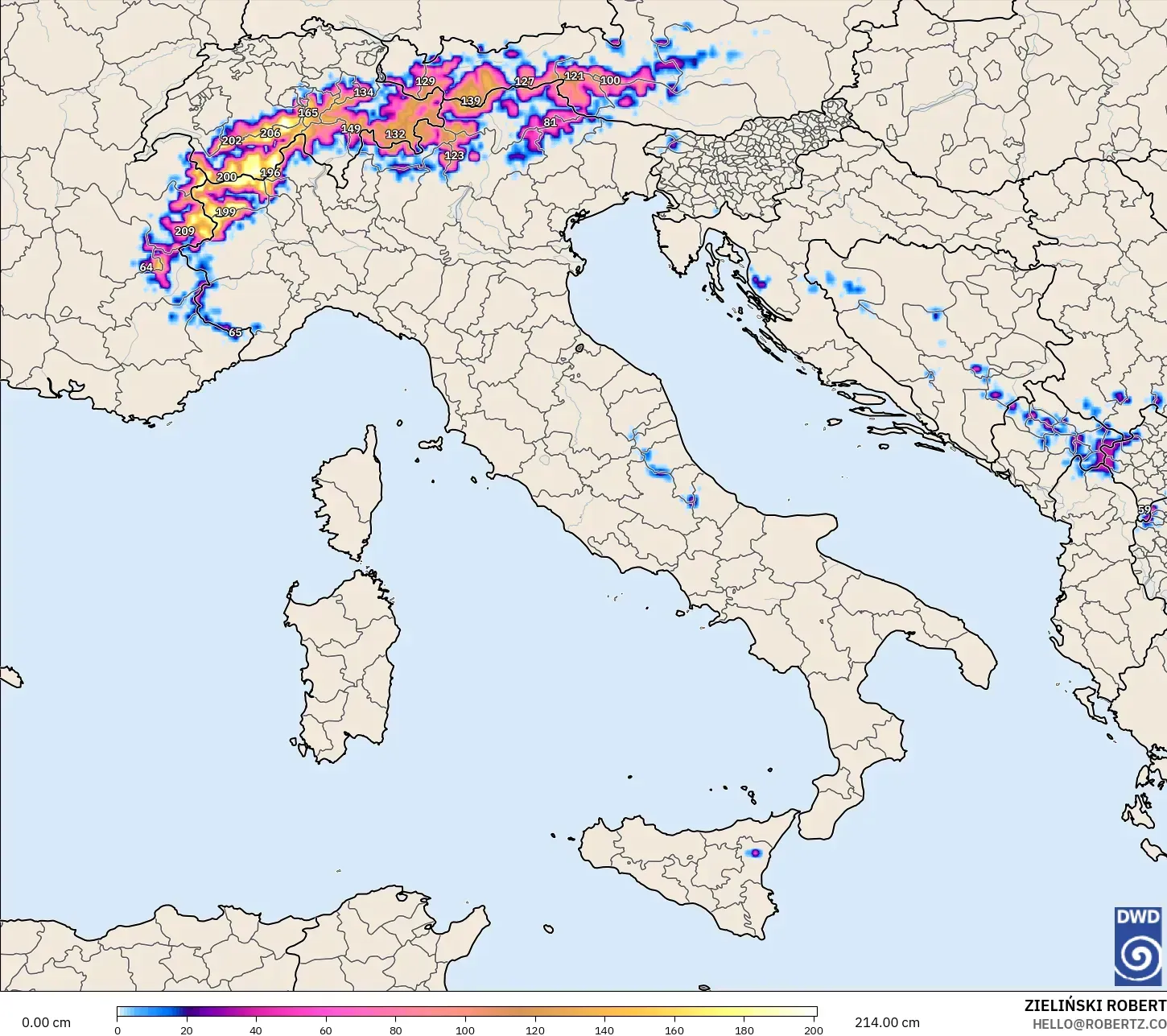ICON モデル - イタリア, 積雪深