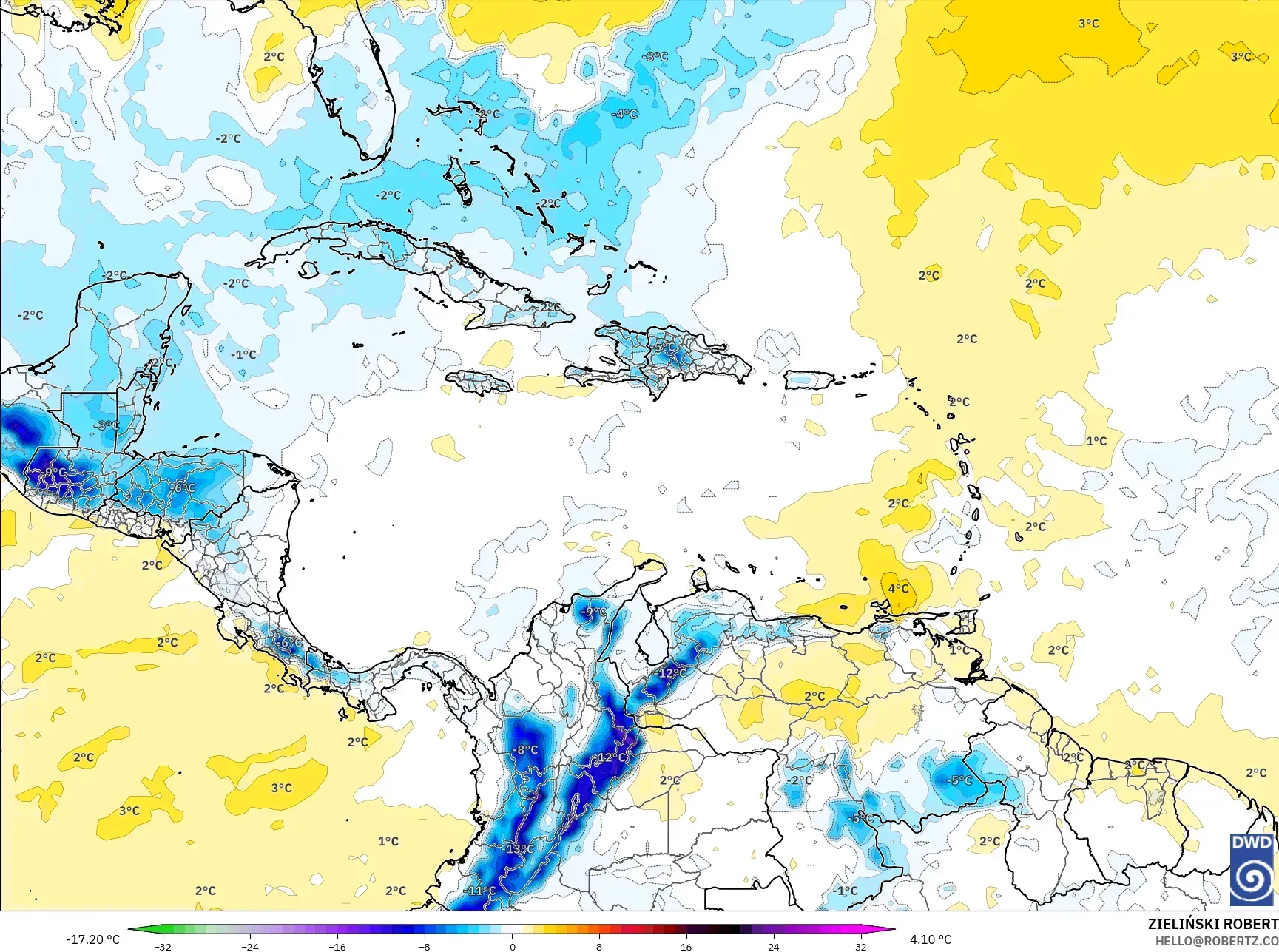 ICON モデル - カリブ海, 気温異常（850hPa）