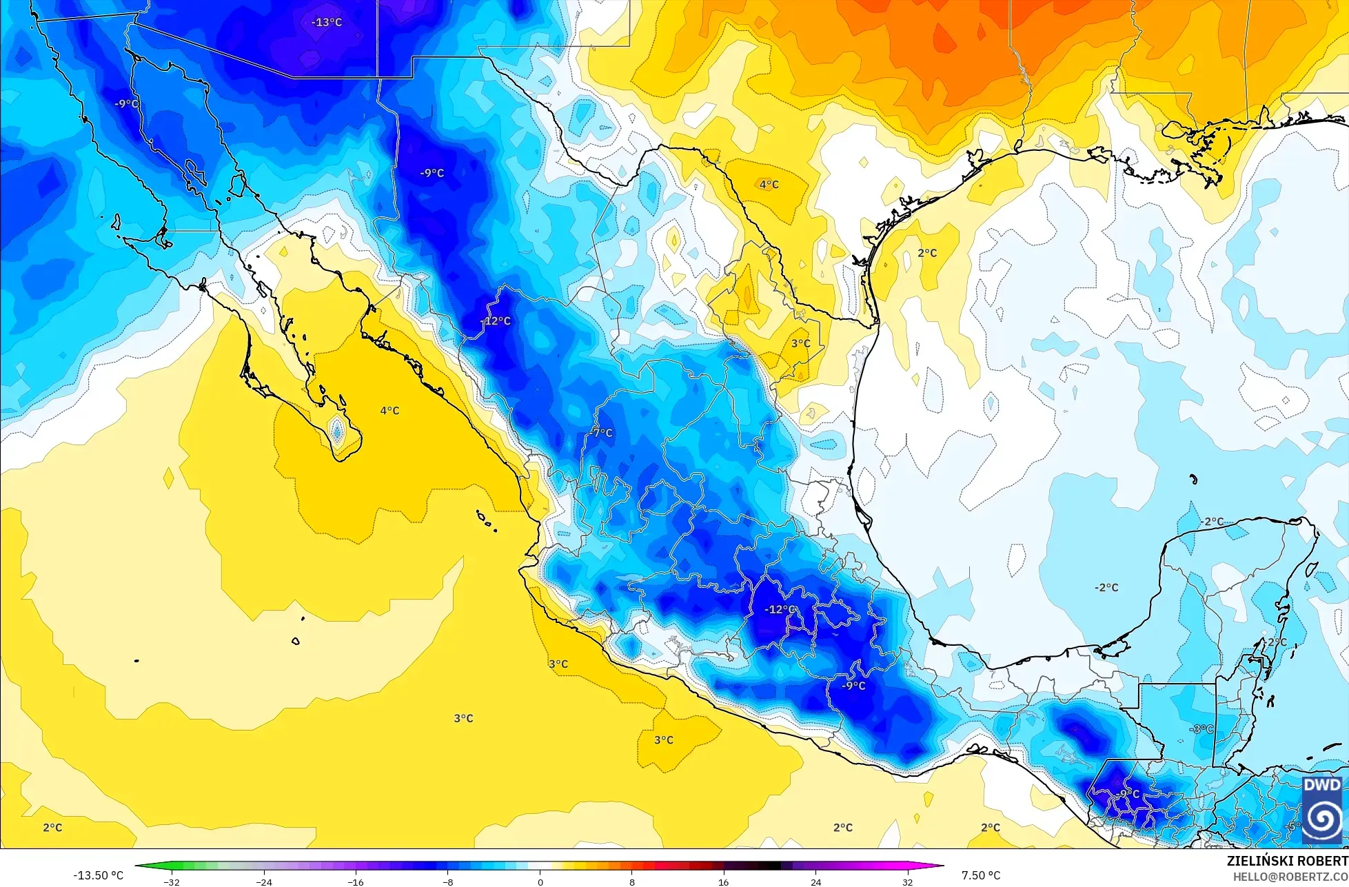 ICON モデル - メキシコ, 気温異常（850hPa）