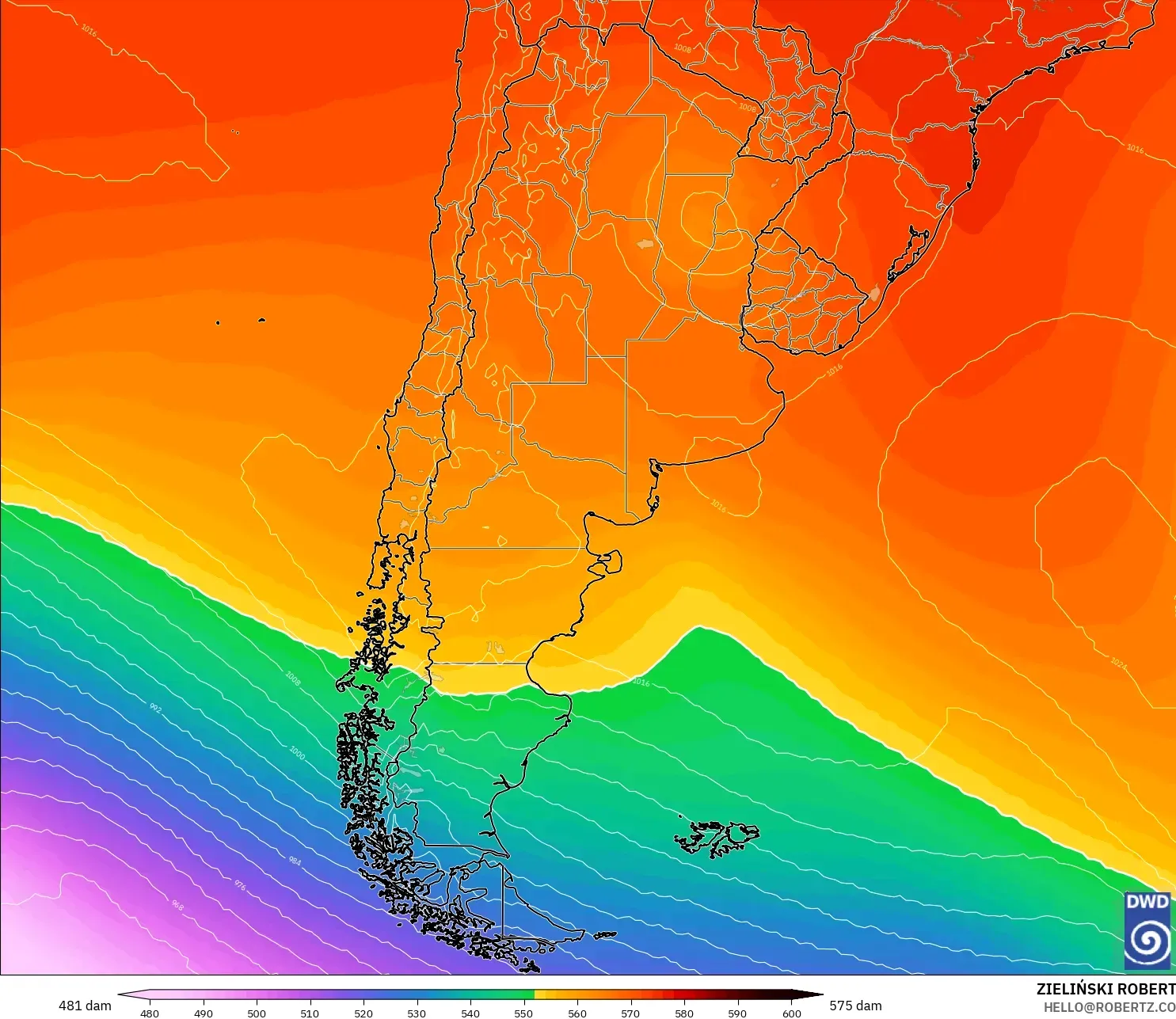 ICON モデル - アルゼンチン, 500hPaのジオポテンシャル高度