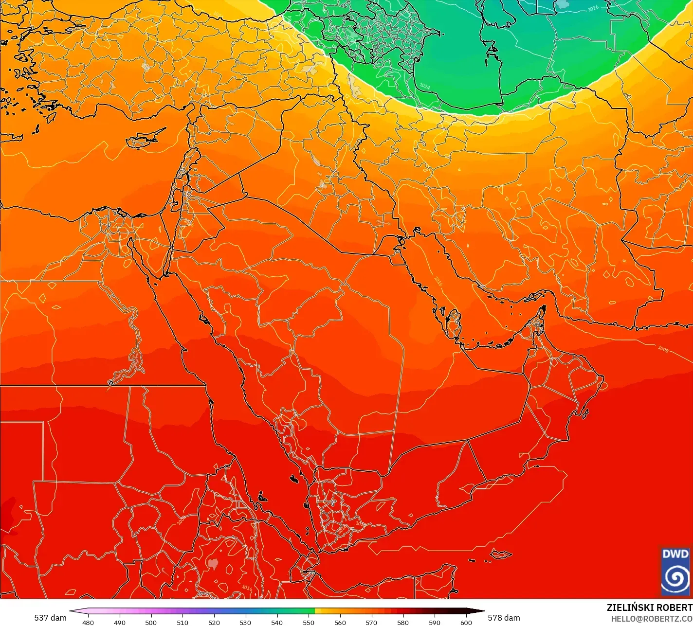 ICON モデル - 中東, 500hPaのジオポテンシャル高度