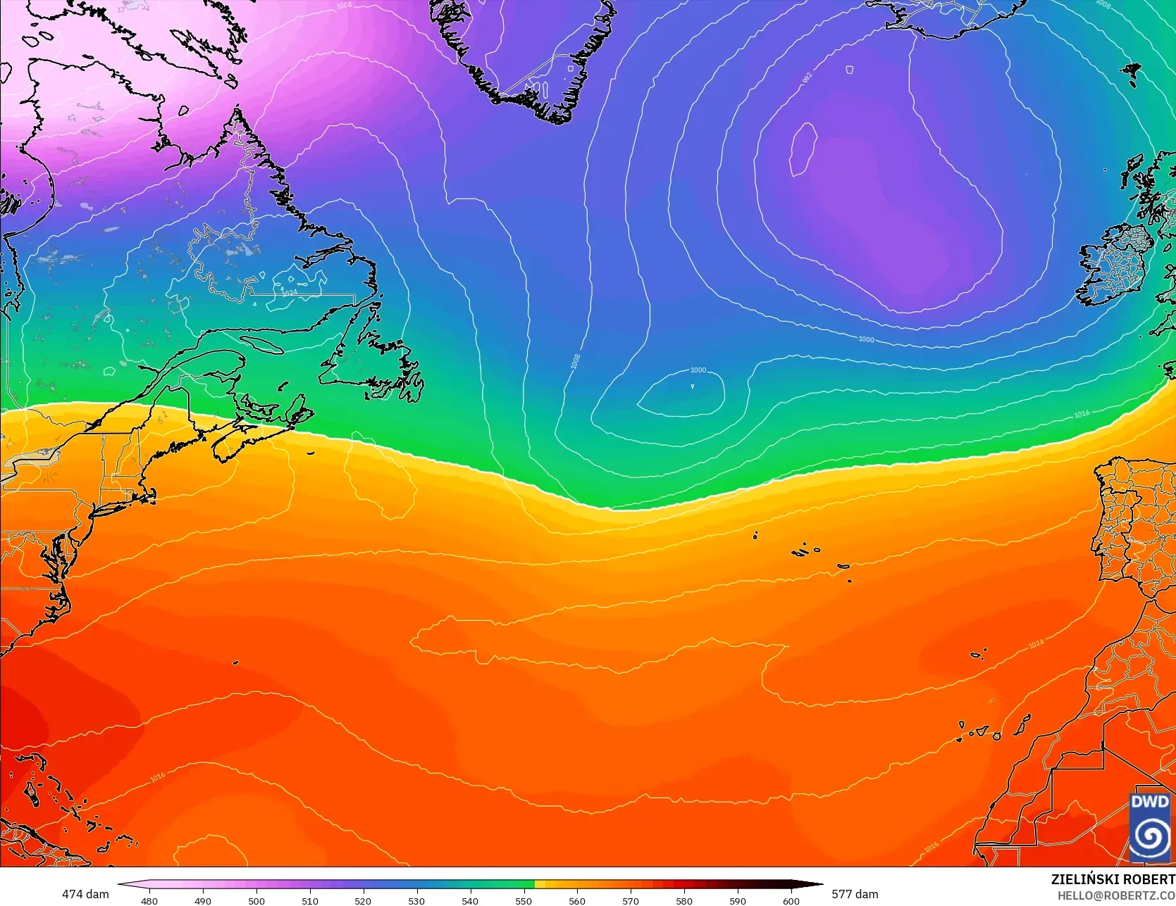 ICON モデル - 北大西洋, 500hPaのジオポテンシャル高度