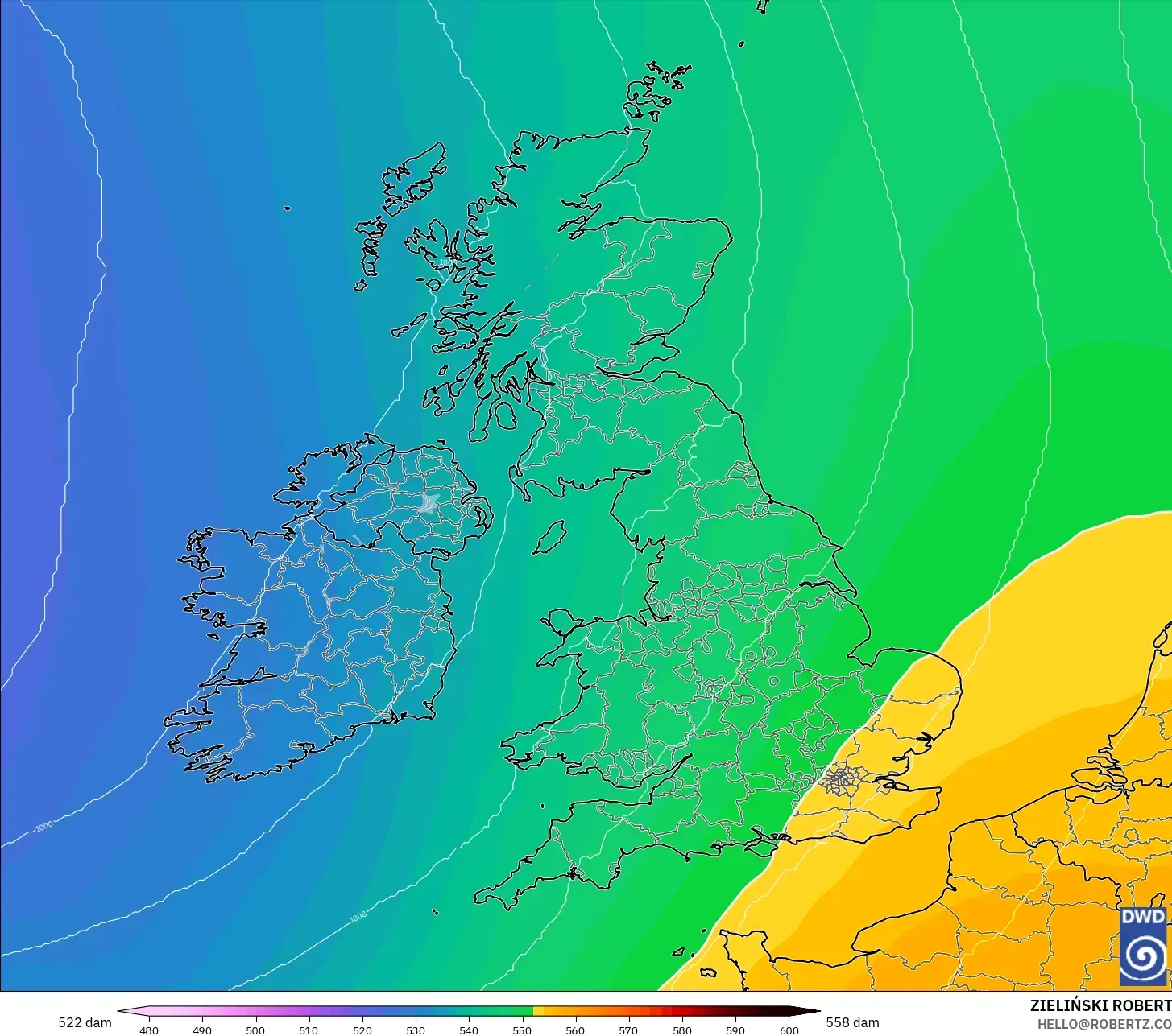 ICON モデル - イギリス, 500hPaのジオポテンシャル高度
