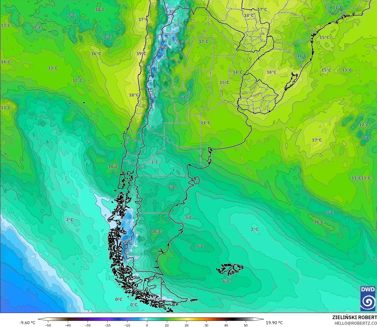 ICON モデル - アルゼンチン, 気温（850hPa）