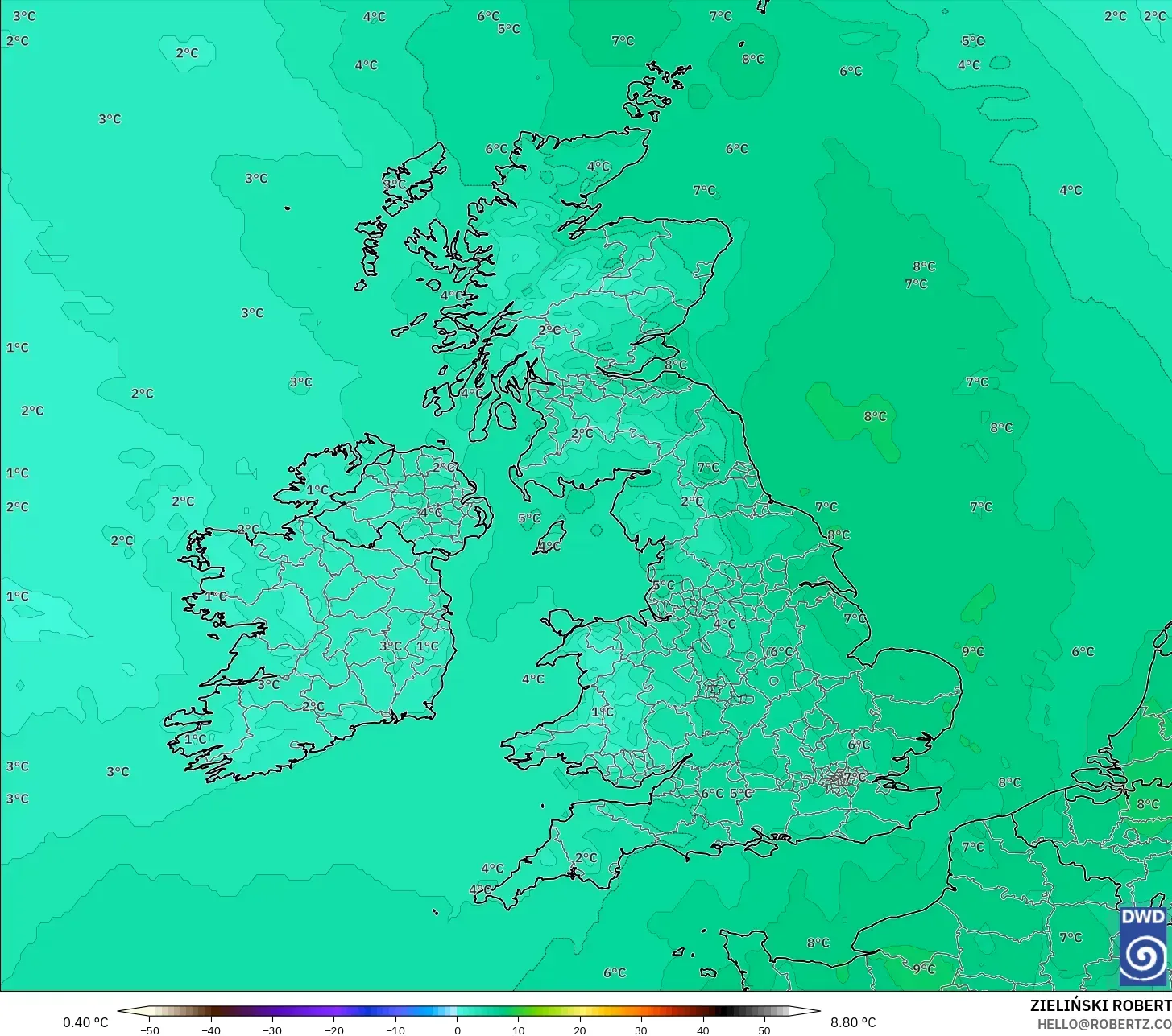 ICON モデル - イギリス, 気温（850hPa）