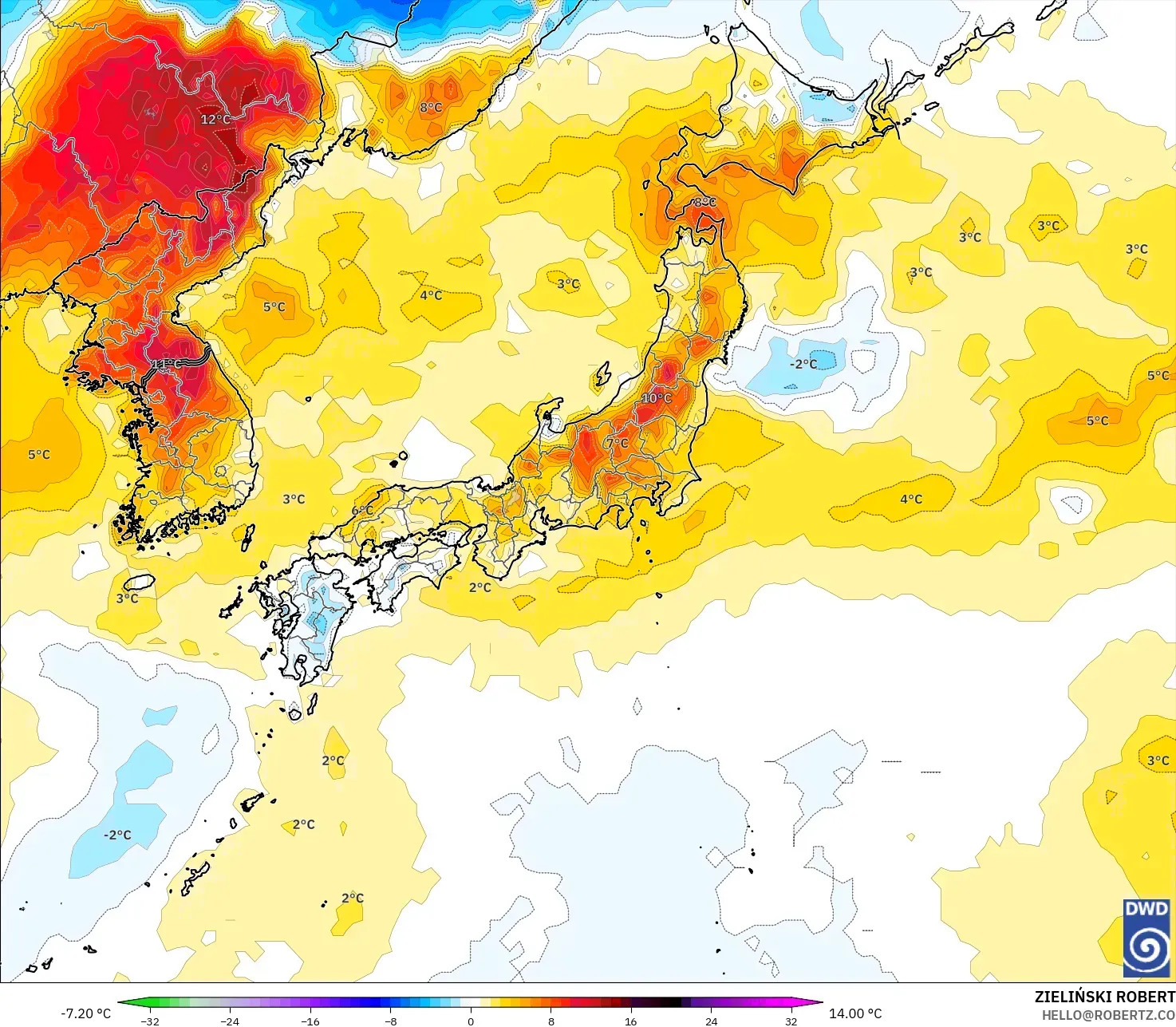 ICON モデル - 日本, 気温異常（2m）