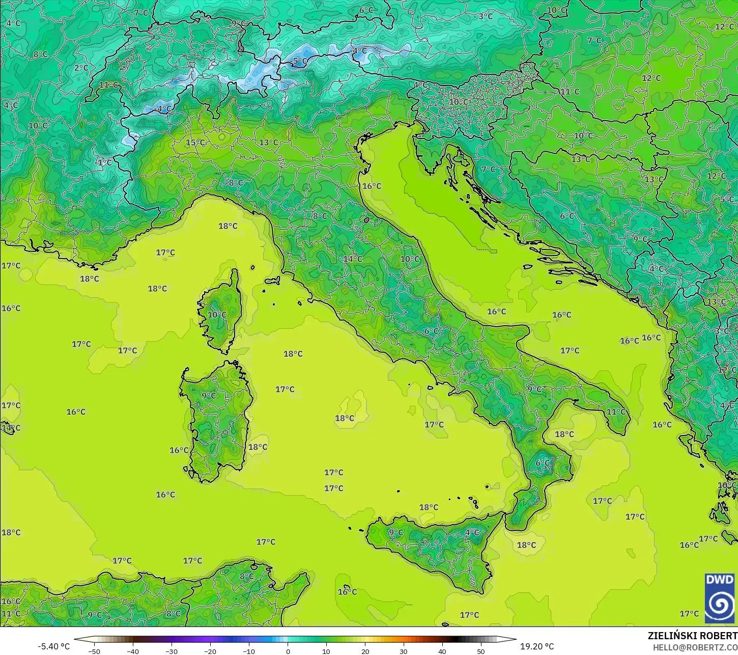 ICON モデル - イタリア, 気温（2m）