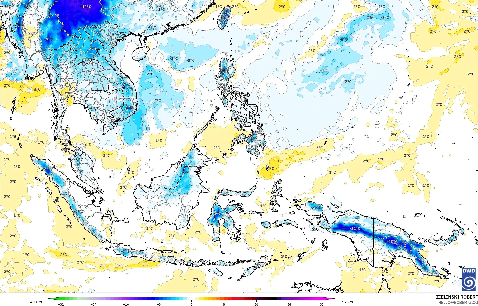 ICON モデル - 東南アジア, 気温異常（850hPa）