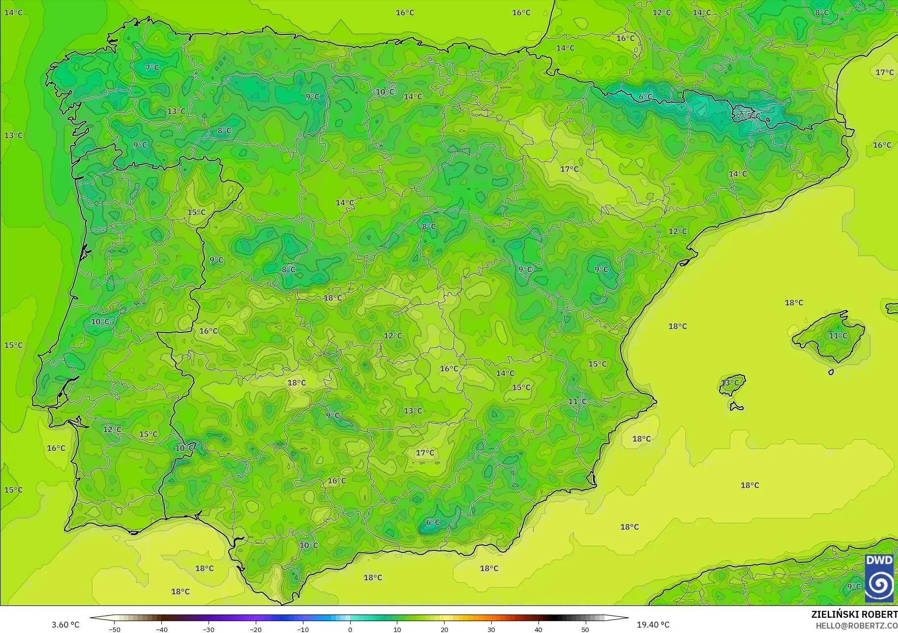 ICON モデル - スペイン, 気温（2m）