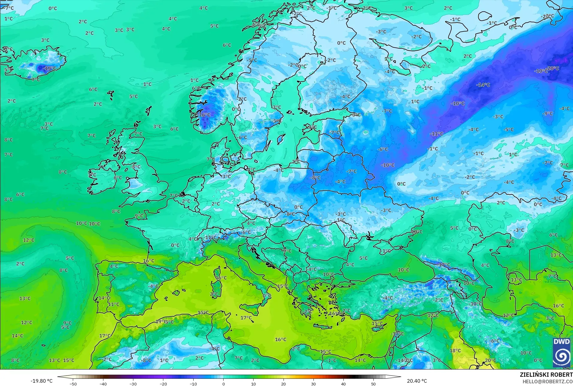 ICON モデル - ヨーロッパ, 露点温度（2m）