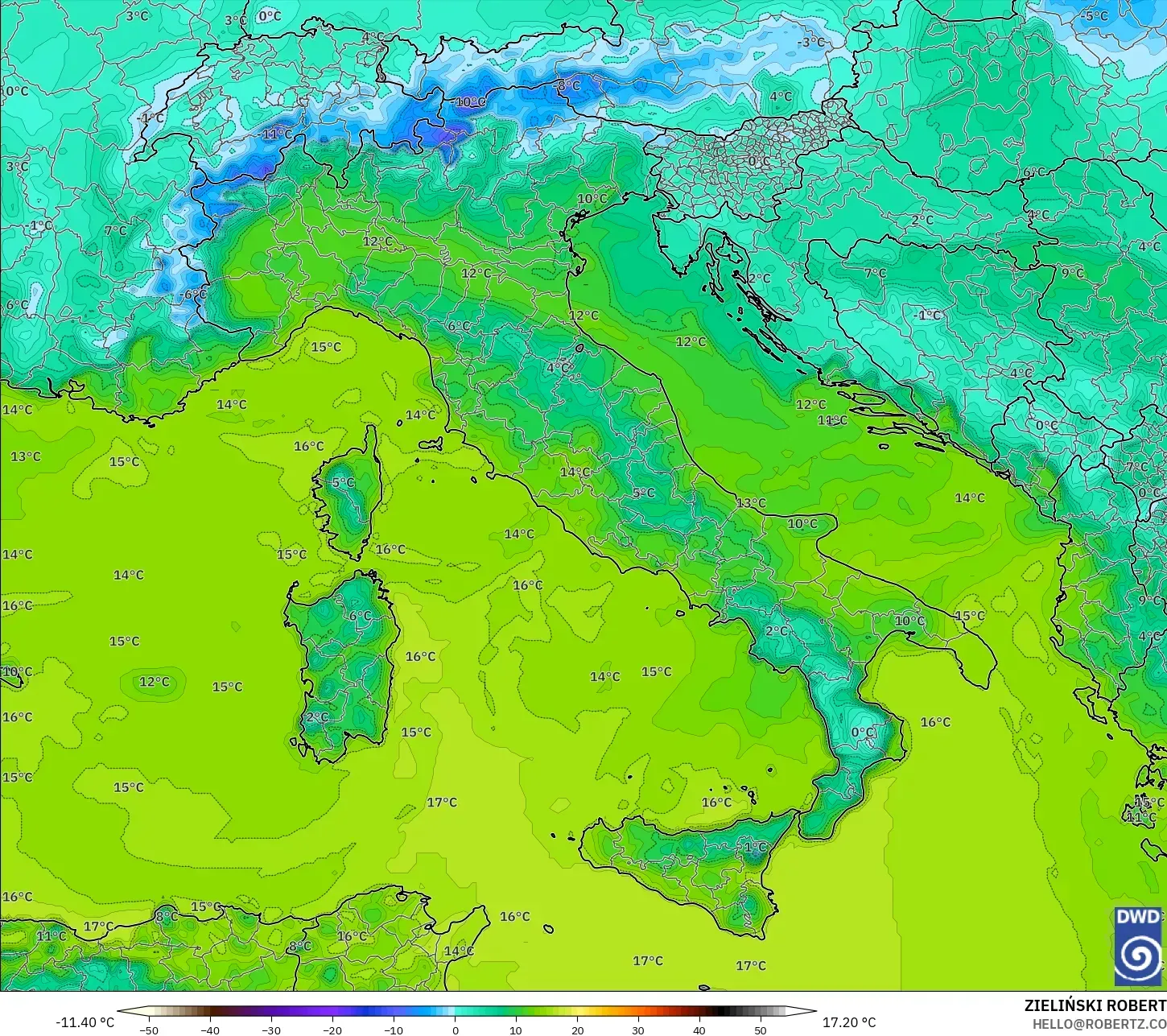 ICON モデル - イタリア, 露点温度（2m）