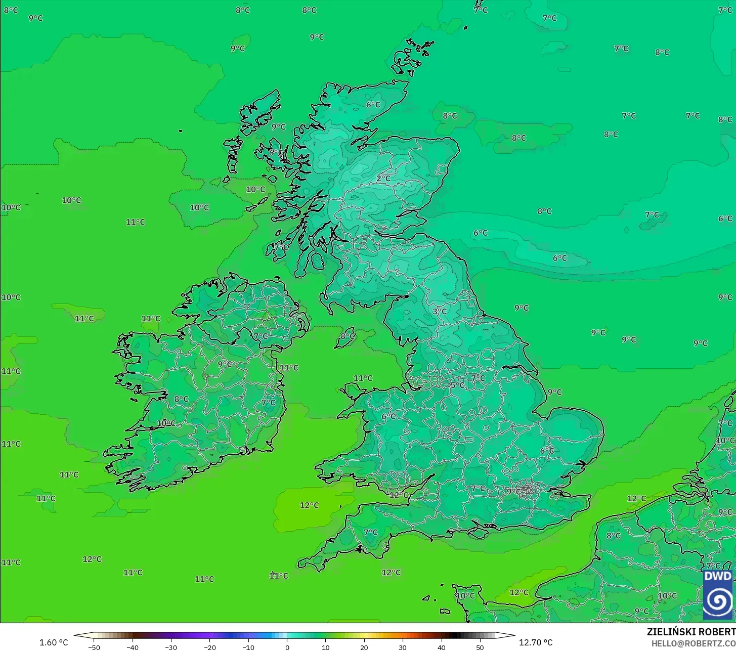 ICON モデル - イギリス, 気温（2m）